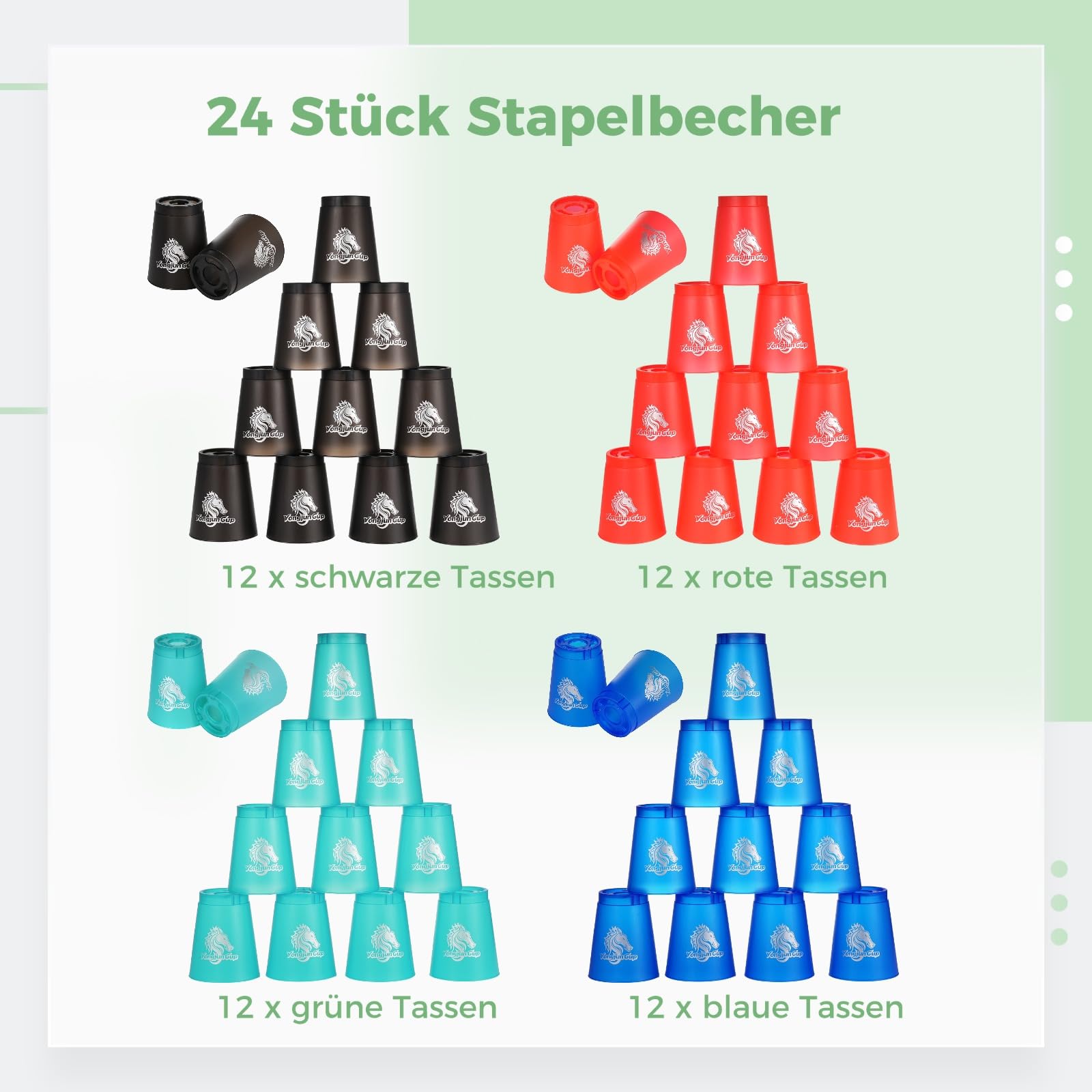 Yeesport 48 Pcs Sport Stacking Cups Set - Speed Stacking Game for Kids & Adults - Plastic Stacking Cups for Competition & Skill Training - Classic Family Game (Red, Blue, Green, Black) - Perfect for Indoor Play, Birthday Parties, School Activities & Team Building Exercises