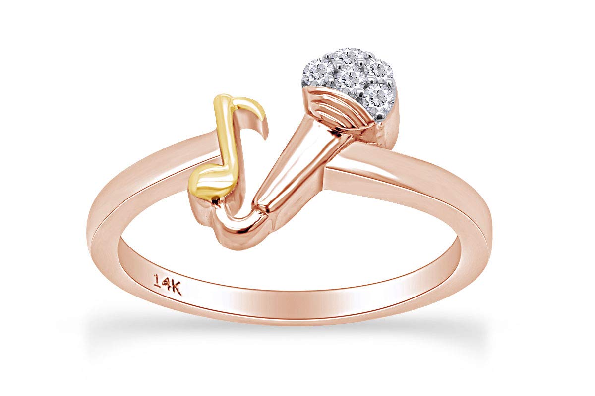 Round White Natural Diamond Accent Mic & Music Note Two Tone Ring - Elegant Jewelry for Musicians, Singers & Music Lovers - Perfect Gift for Performances, Concerts & Special Occasions