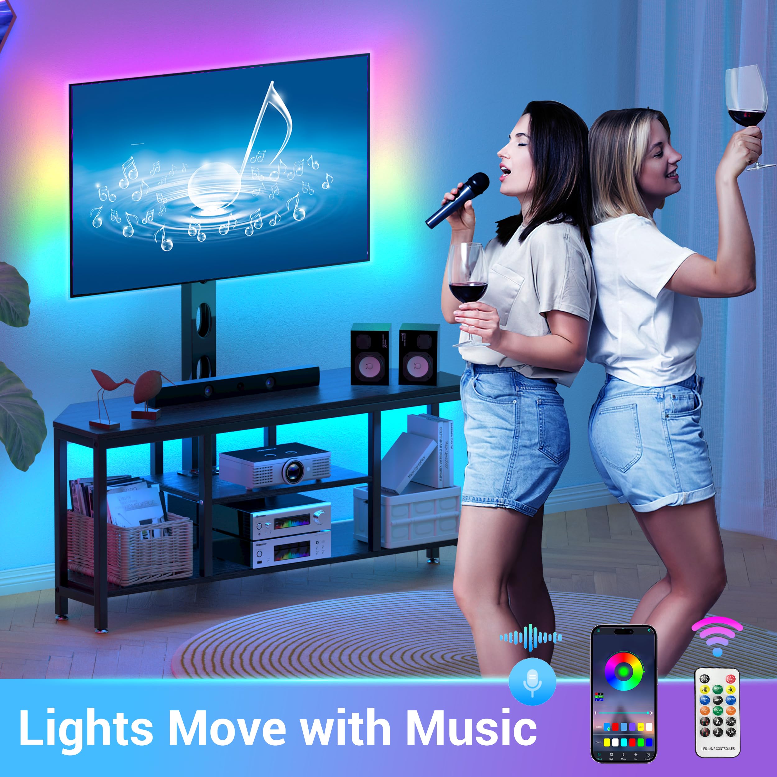Universal Corner TV Stand with Mount for 32-65 Inch TVs - Adjustable Height Swivel TV Console with LED Lights, Wood & Steel Entertainment Center with Built-in Power Outlet & Storage Cabinet - Perfect for Living Room, Bedroom or Home Theater Setup (Black)