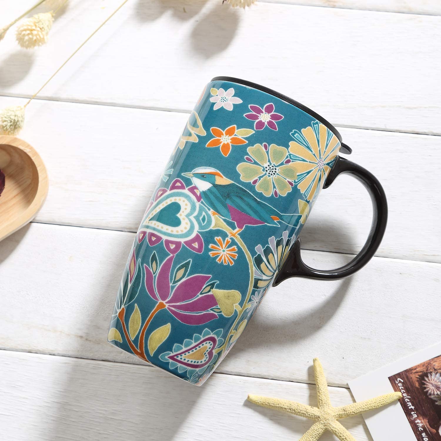 DUSVALLY 17oz Ceramic Travel Coffee Mug with Lid - Insulated Porcelain Latte Cup for Hot & Cold Drinks - Perfect for Commuting, Camping, Office & Gifts (Green)