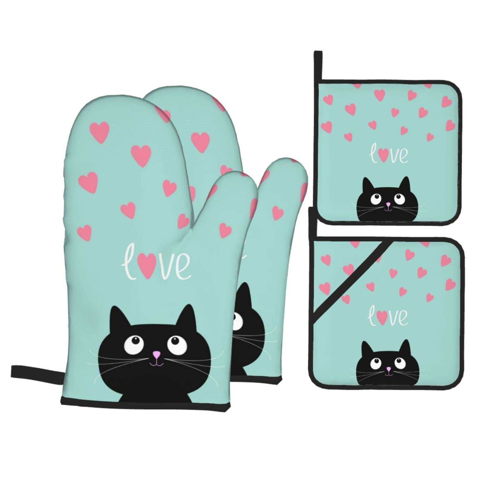 Funny Black Cat Oven Mitts and Pot Holders Set - 4pcs Heat Resistant Kitchen Gloves for Baking, Cooking, BBQ & Grilling - Perfect Gift for Cat Lovers & Home Chefs