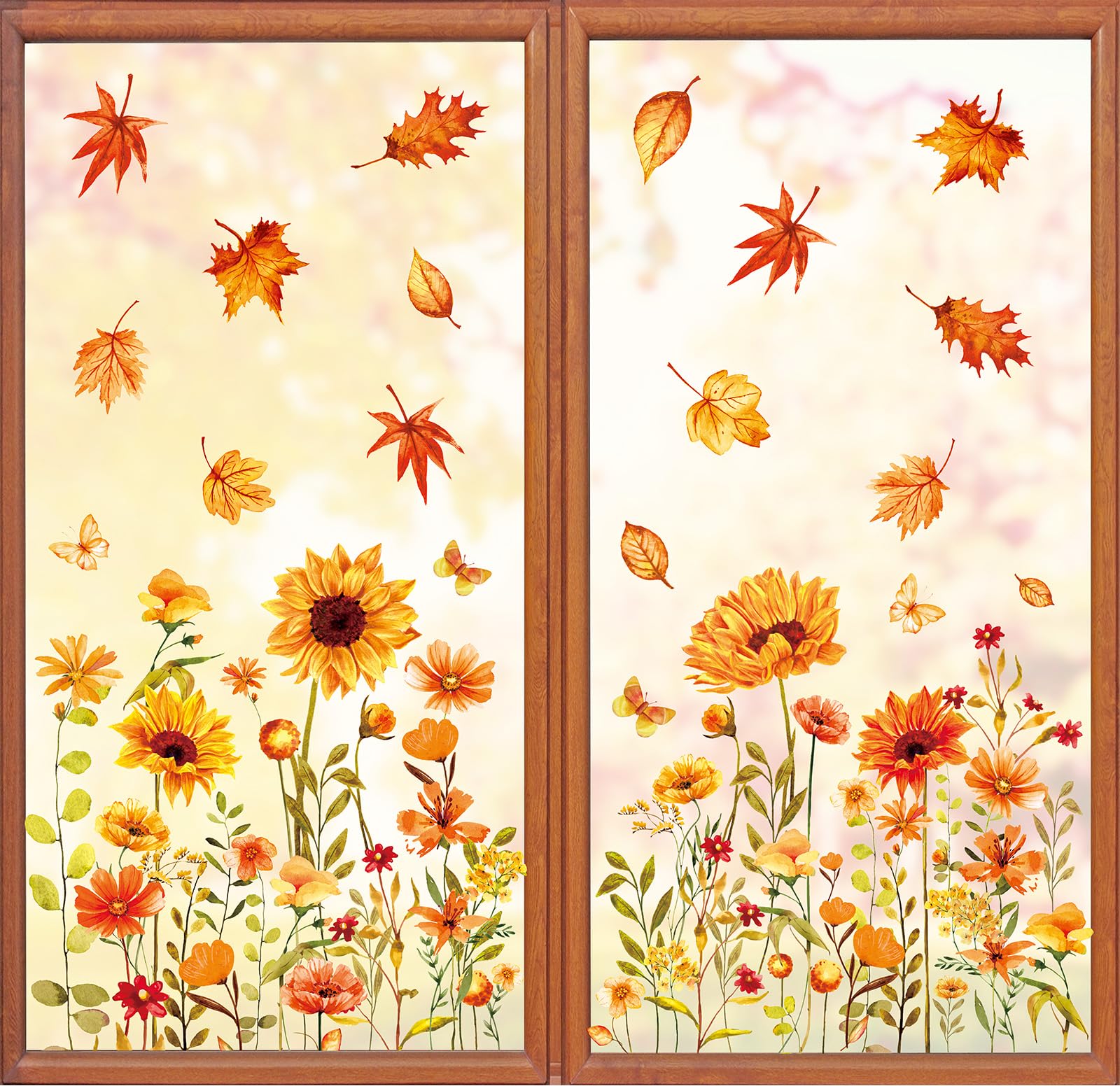 Whaline 6-Pack Thanksgiving Fall Window Clings - Watercolor Maple Leaves & Sunflowers Decor | Double-Sided Autumn Harvest Stickers for Home, School, Office, Party & Gifts | Perfect for Seasonal Decorations, Classroom Activities & Holiday Festivities