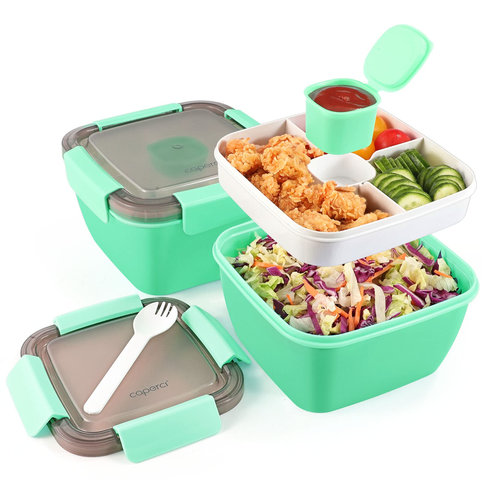 Eco-Friendly 52 oz Bento Lunch Box with 4 Compartments - 2-Pack Reusable Salad Containers, Includes 2-oz Sauce Cup & Spork, BPA-Free (Aqua) - Perfect for Meal Prep, Office Lunch & Picnics
