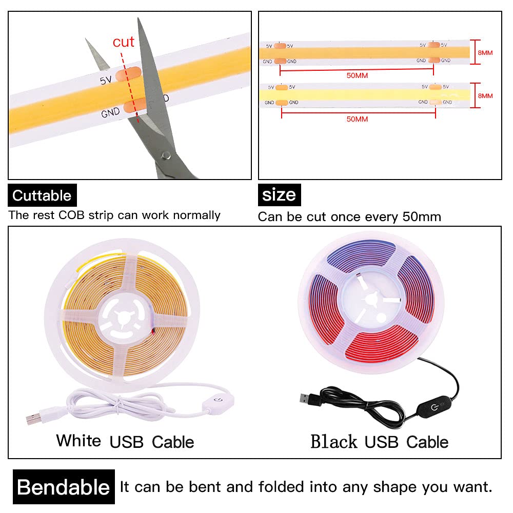 2m/6.6ft Flexible COB LED Strip Lights - 320 LEDs/m, 5V DC, Green Non-Waterproof LED Tape Light with USB Touch Dimmer | Perfect for TV Backlighting, Cabinet Lighting, Home Decor & DIY Projects