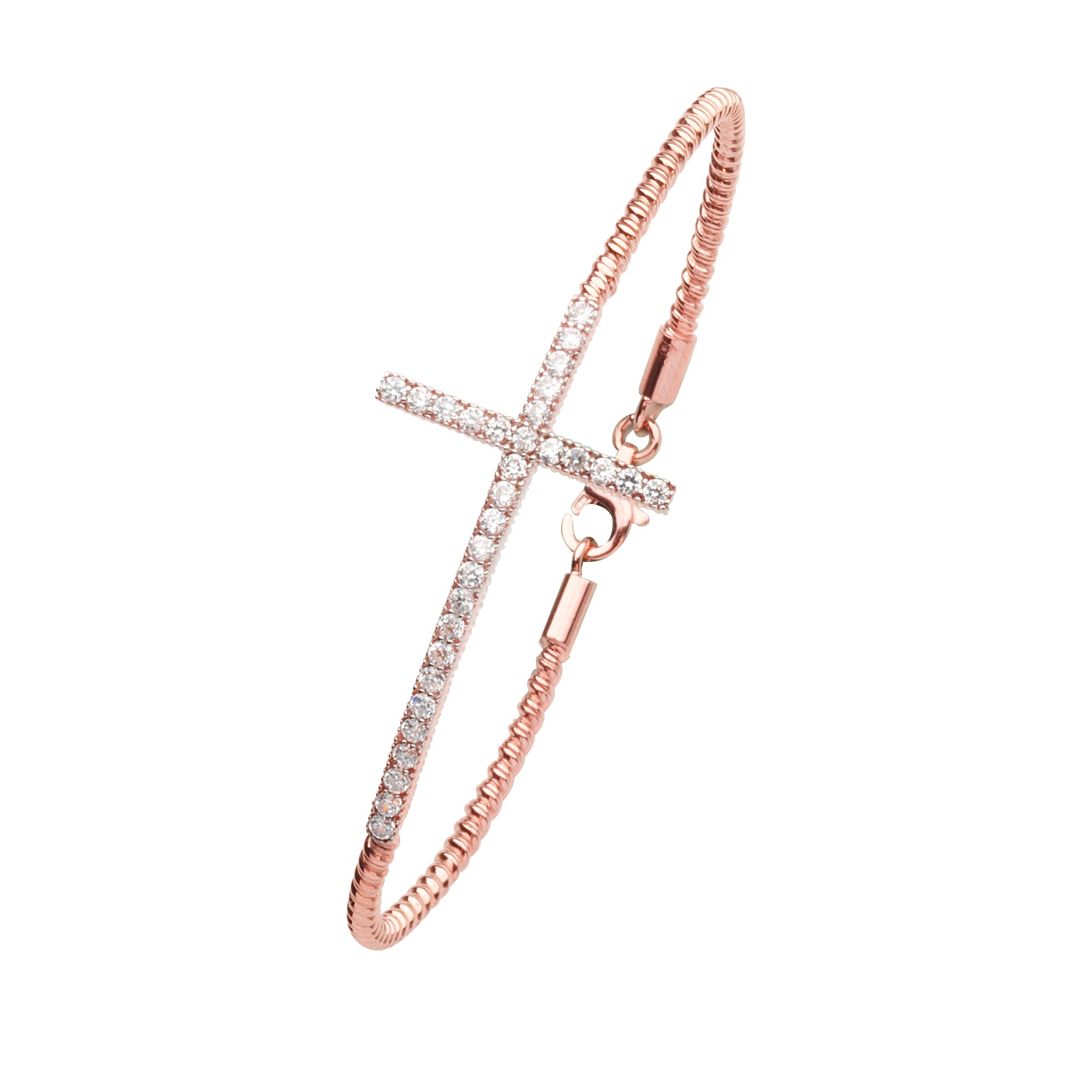Rose Gold Plated Sterling Silver Bangle Bracelet with Cubic Zirconia Cross Charm - Elegant Jewelry for Women, Perfect for Gifts, Parties & Everyday Wear