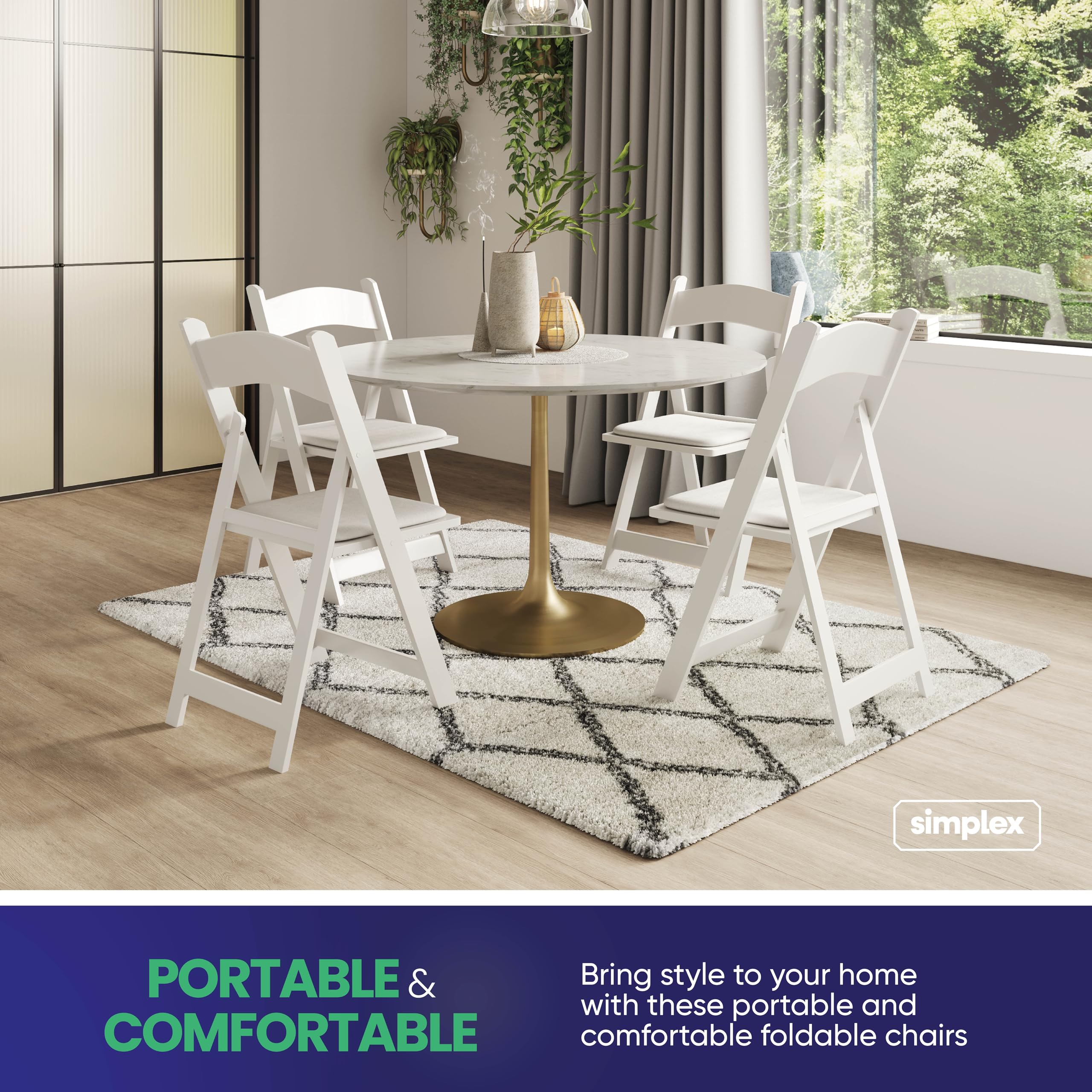 SIMPLEX 4-Pack White Resin Folding Chairs with Padded Seats - Comfortable Stackable Indoor Outdoor Chairs for Weddings, Parties, Picnics & Events - Lightweight Portable Foldable Chairs for Home, Garden, Camping & Patio Use