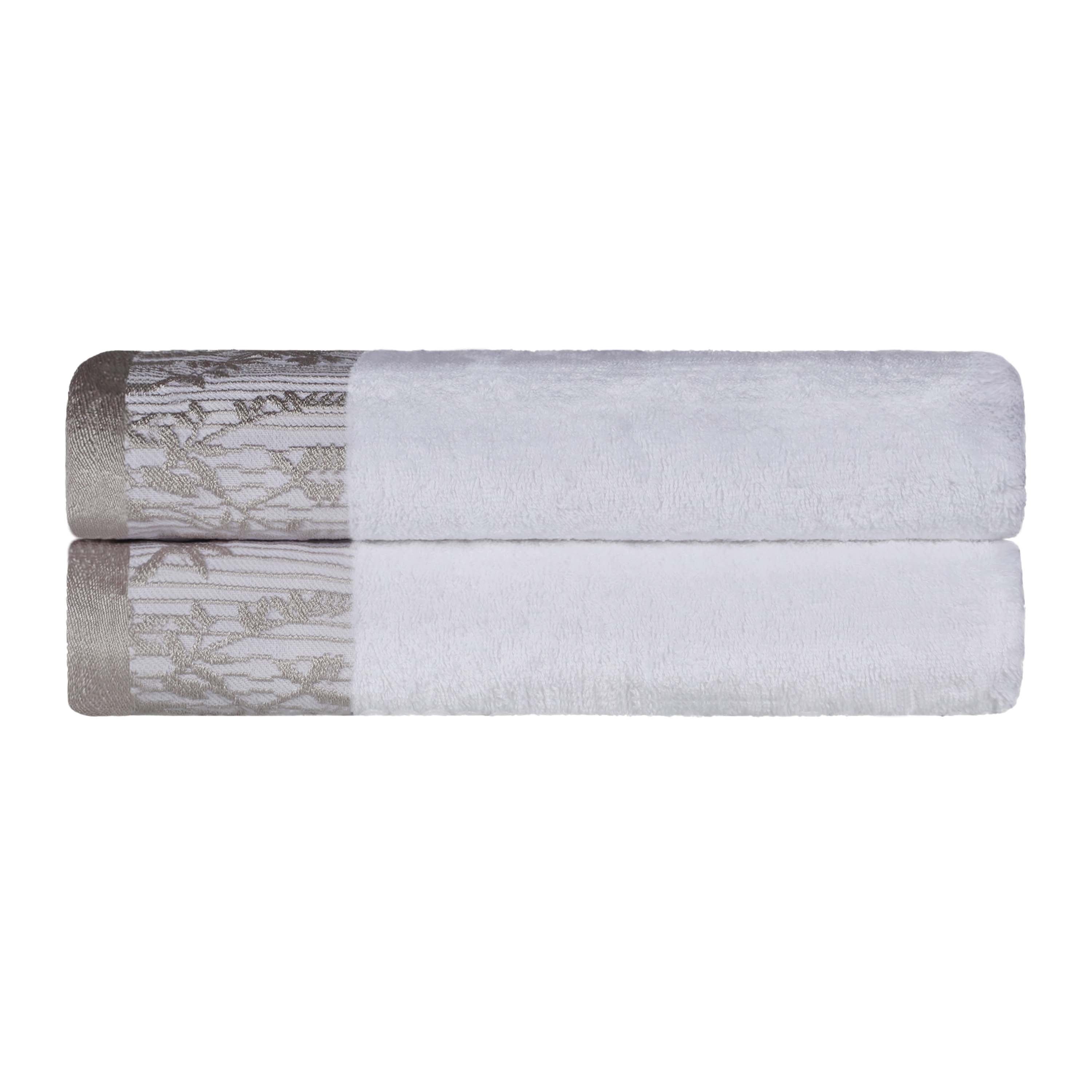 Premium Wisteria Cotton Floral Embroidered Jacquard Border Bath Towel Set of 2 - Soft Absorbent Luxury Towels for Spa, Bathroom & Guest Use