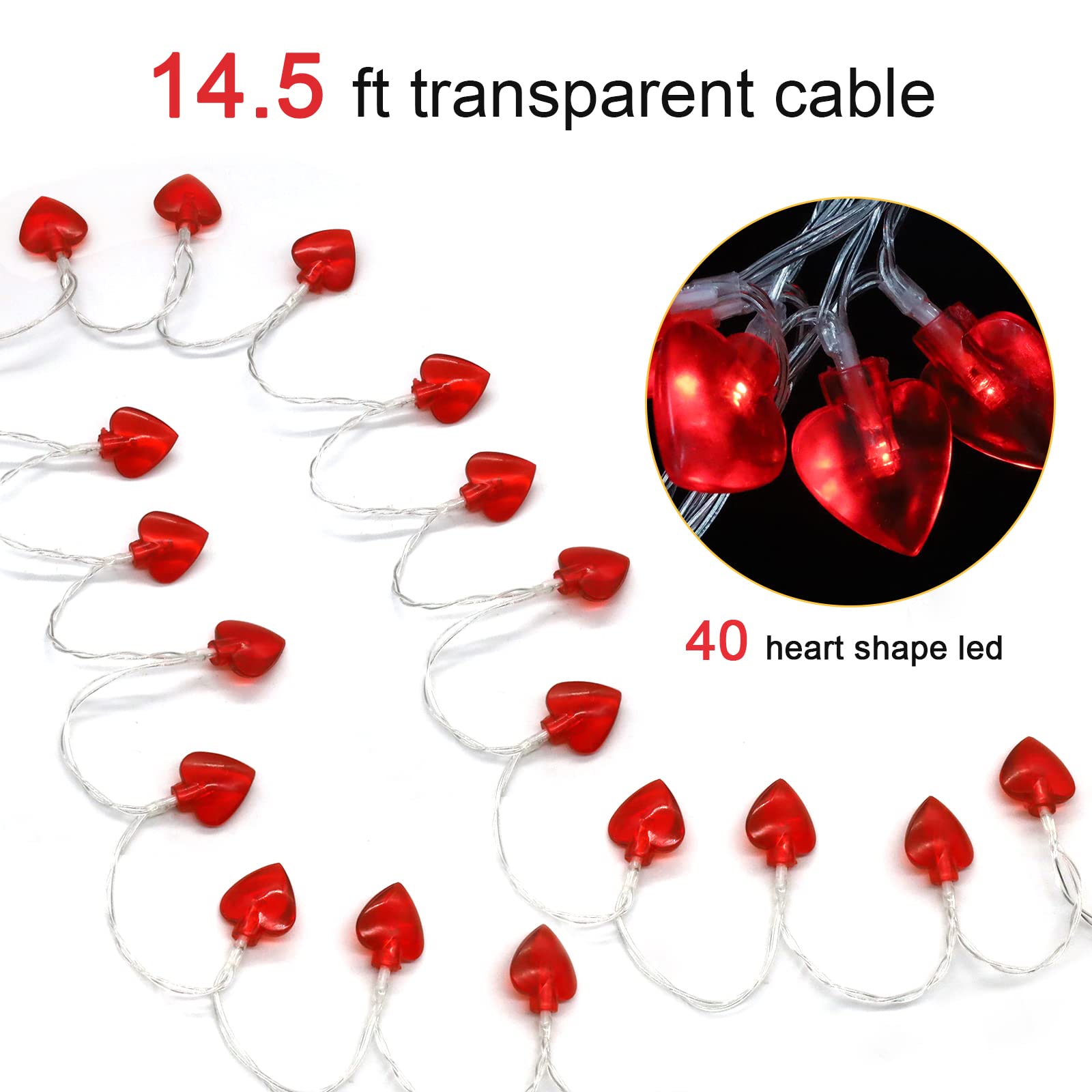 Valentine's Day Heart String Lights - 14.5ft 40LED Battery Operated Fairy Lights with 8 Modes, Romantic Heart Shaped Lights for Indoor Outdoor Decor, Home, Wedding, Party, and Garden Lighting