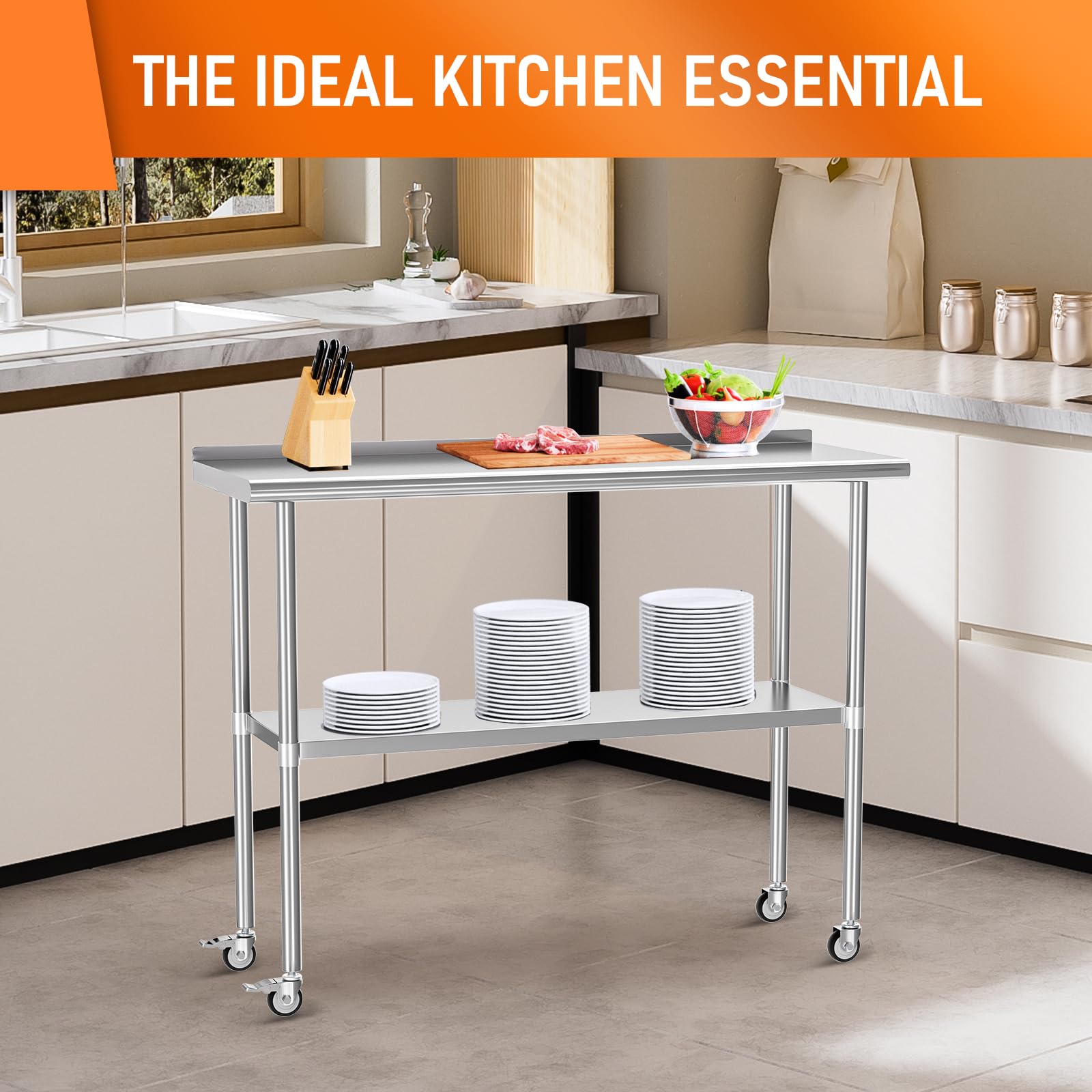Stainless Steel Prep & Work Table with Adjustable Shelf, Backsplash & Wheels - 18