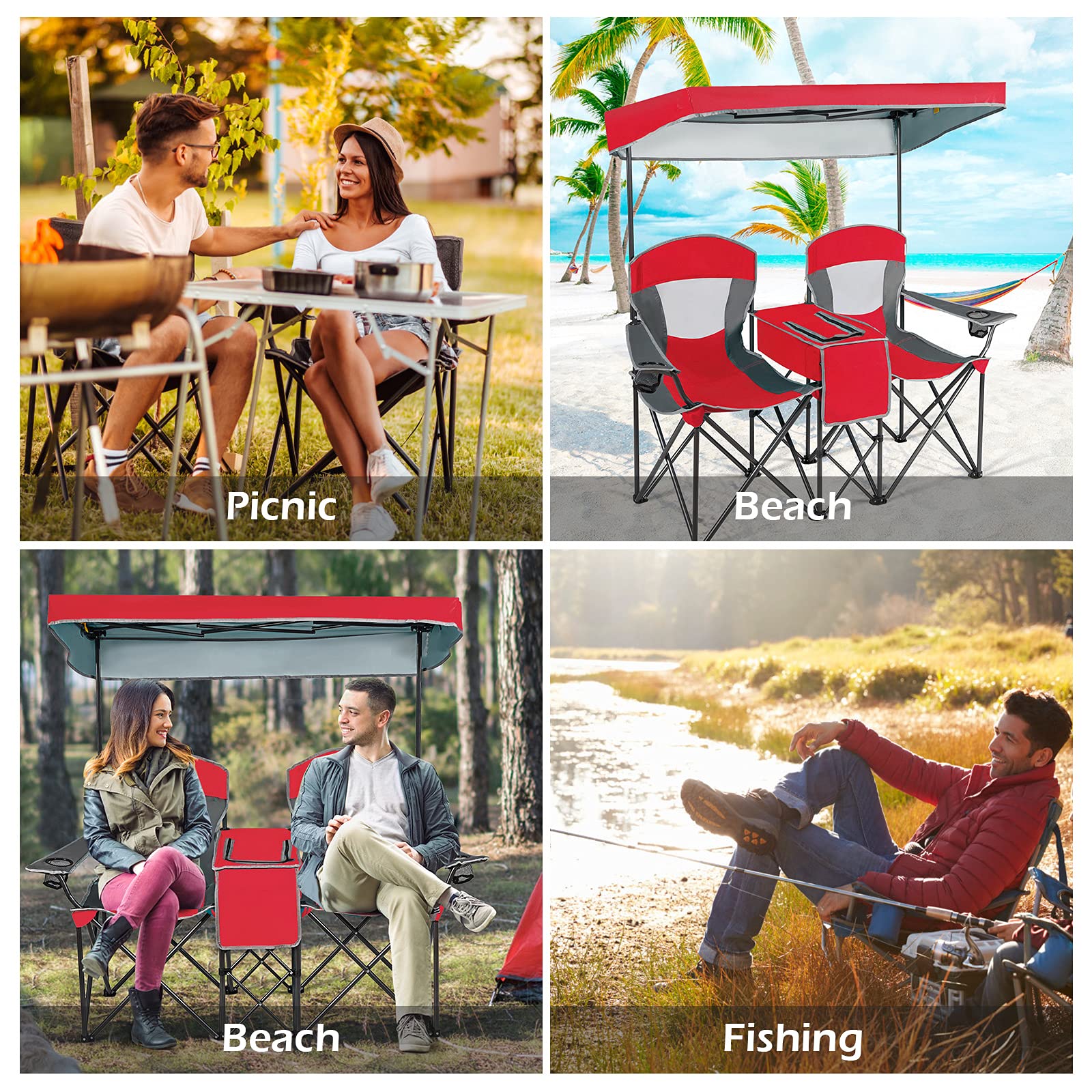 Goplus Double Beach Chair with Canopy Shade - Portable Folding Lawn & Camping Chairs with Sunshade, Mini Table, Beverage Holder & Carrying Bag - Perfect for Outdoor Travel, Hiking, Fishing, Poolside & Backyard Relaxation (Red)