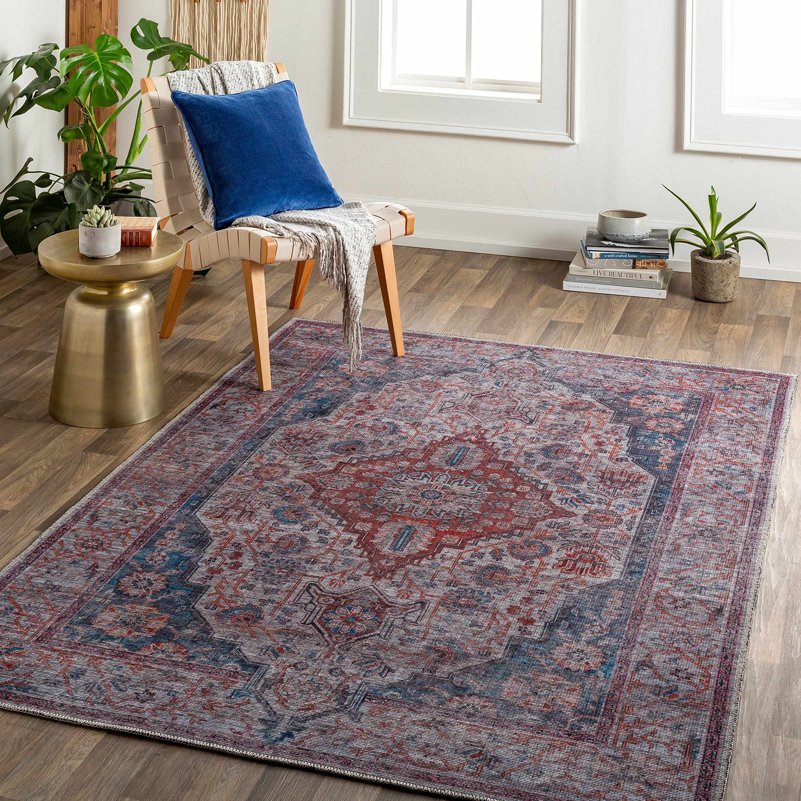 Machine Washable Area Rug for Living Room & Bedroom - Gray, Purple, Brown - 9'3