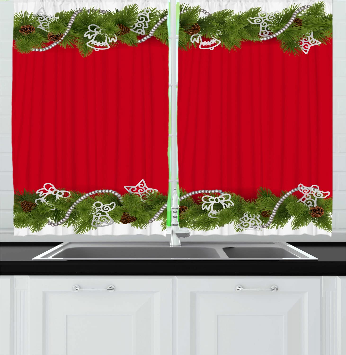 Ambesonne Christmas Long Kitchen Curtains - Noel Time Celebratory Spiral Ornament Coniferous Spruce Angel Design, Set of 2 Rod Pocket Drapes 55
