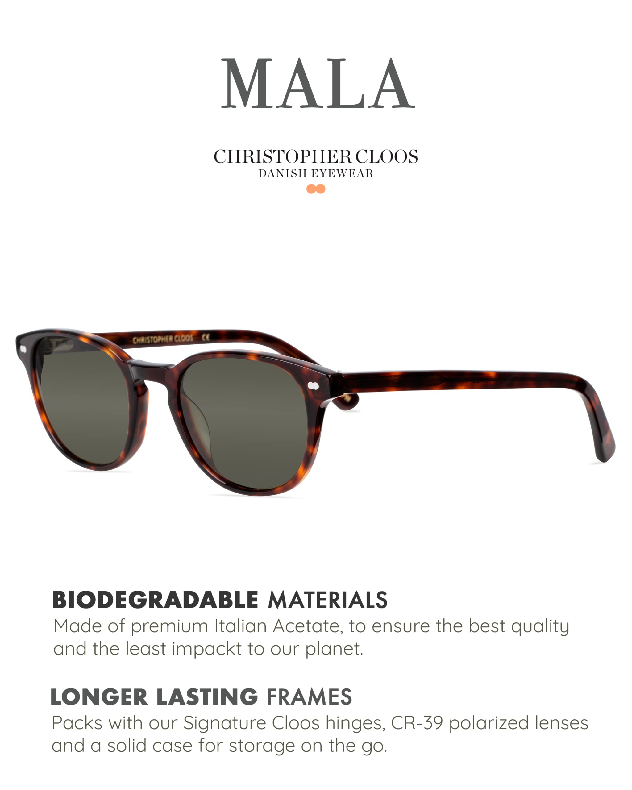 Christopher Cloos Mala Espresso Round Polarized Sunglasses for Men & Women - UV Protection Unisex Fashion Shades with Case - Perfect for Driving, Beach & Outdoor Activities