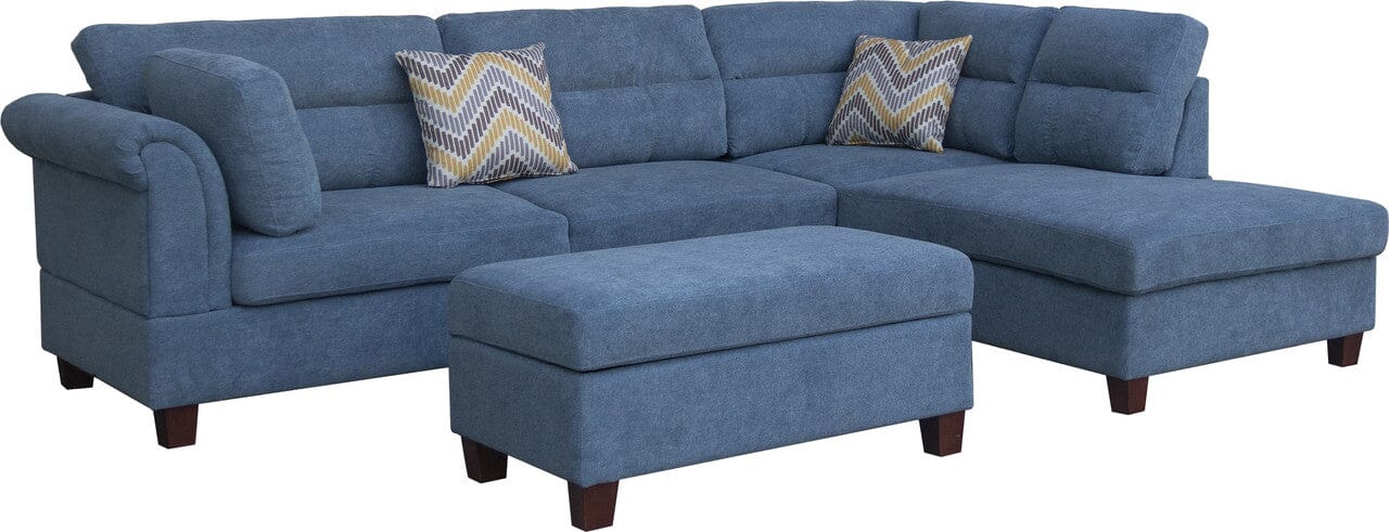 Diego Blue Fabric Sectional Sofa with Right Facing Chaise, Storage Ottoman & 2 Accent Pillows - Modern Living Room Furniture for Small Spaces, Apartments & Family Gatherings