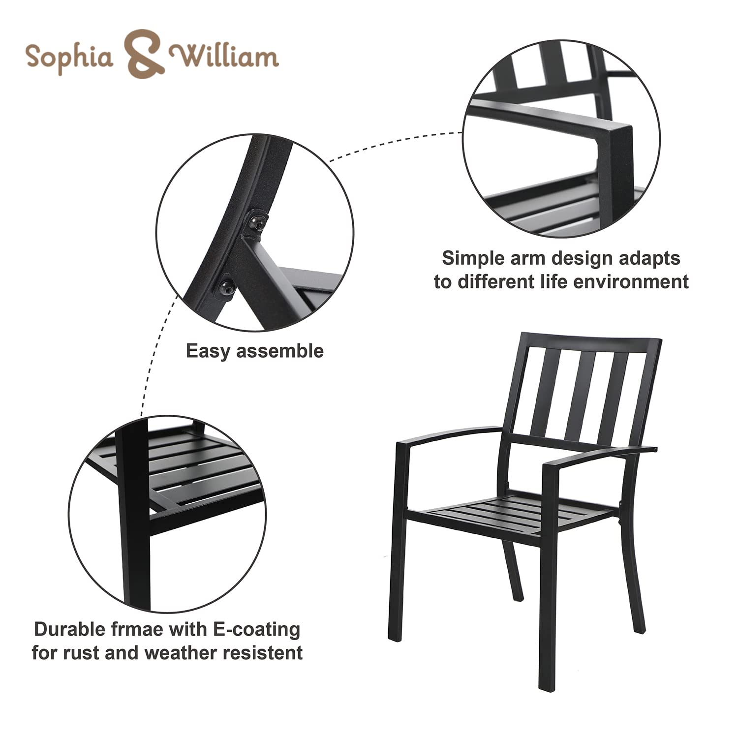 Sophia & William 3-Piece Patio Bistro Set - 2 Stackable Metal Chairs & Round Side Table - Outdoor Furniture for Backyard, Balcony, Garden & Indoor Use - Perfect for Coffee Breaks, Relaxing & Entertaining Guests
