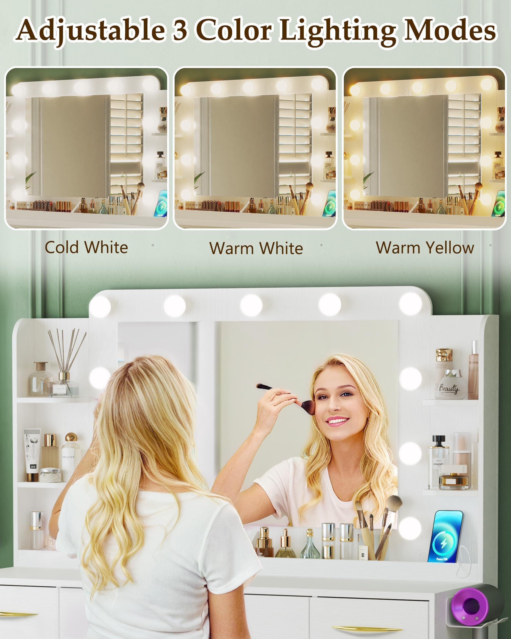 White Makeup Vanity Desk with LED Lights & Mirror - 3 Light Settings, Power Outlet, 5 Drawers & 2 Cabinets - Bedroom Vanity Table with Shelves for Cosmetics & Jewelry Organization | Perfect for Makeup Application, Dressing Area & Home Decor