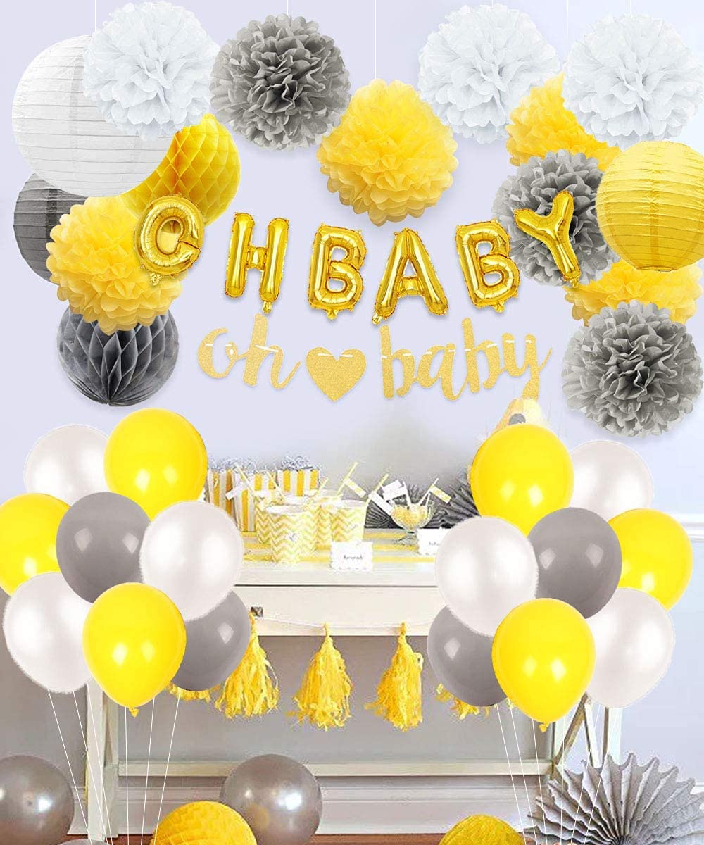 128-Piece Gray & Yellow Balloon Garland Arch Kit - Macaron Gray, Chrome Gold & Yellow Balloons for Party Decor, Baby Shower, Birthday, Bridal Shower & Wedding Backdrop Decorations