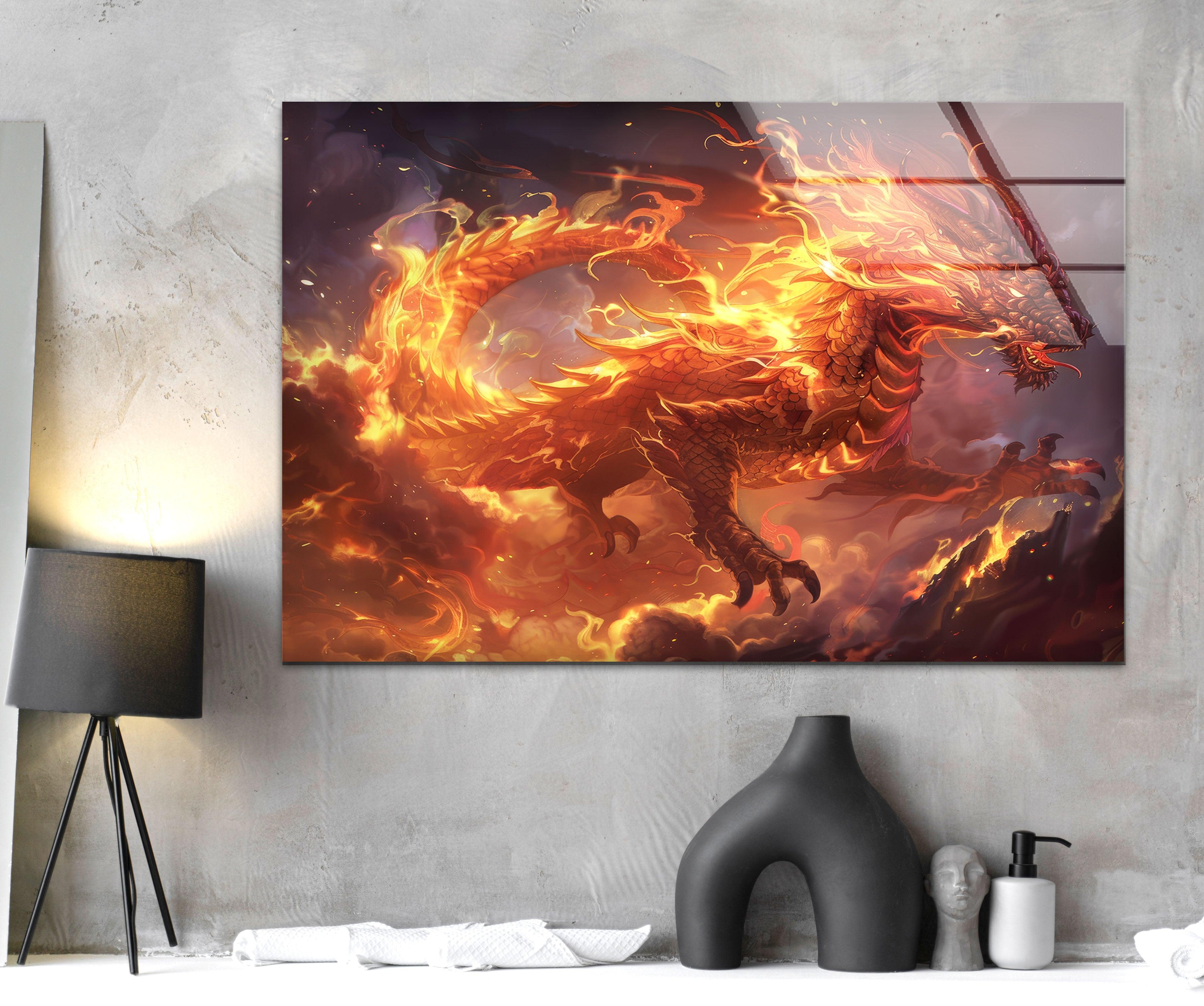 Blazing Dragon Glass Wall Art - Handcrafted Modern Home Decor for Living Room, Bedroom & Office - Stunning 3D Glass Artwork for Unique Interior Design