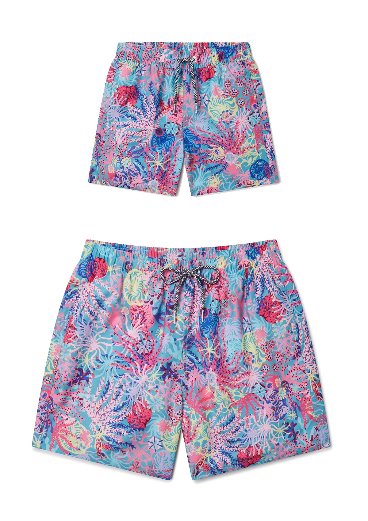 **Men's Coral Swim Shorts & Boys' Matching Swim Trunks Set - Beach, Pool, and Summer Vacation Outfits for Father and Son**