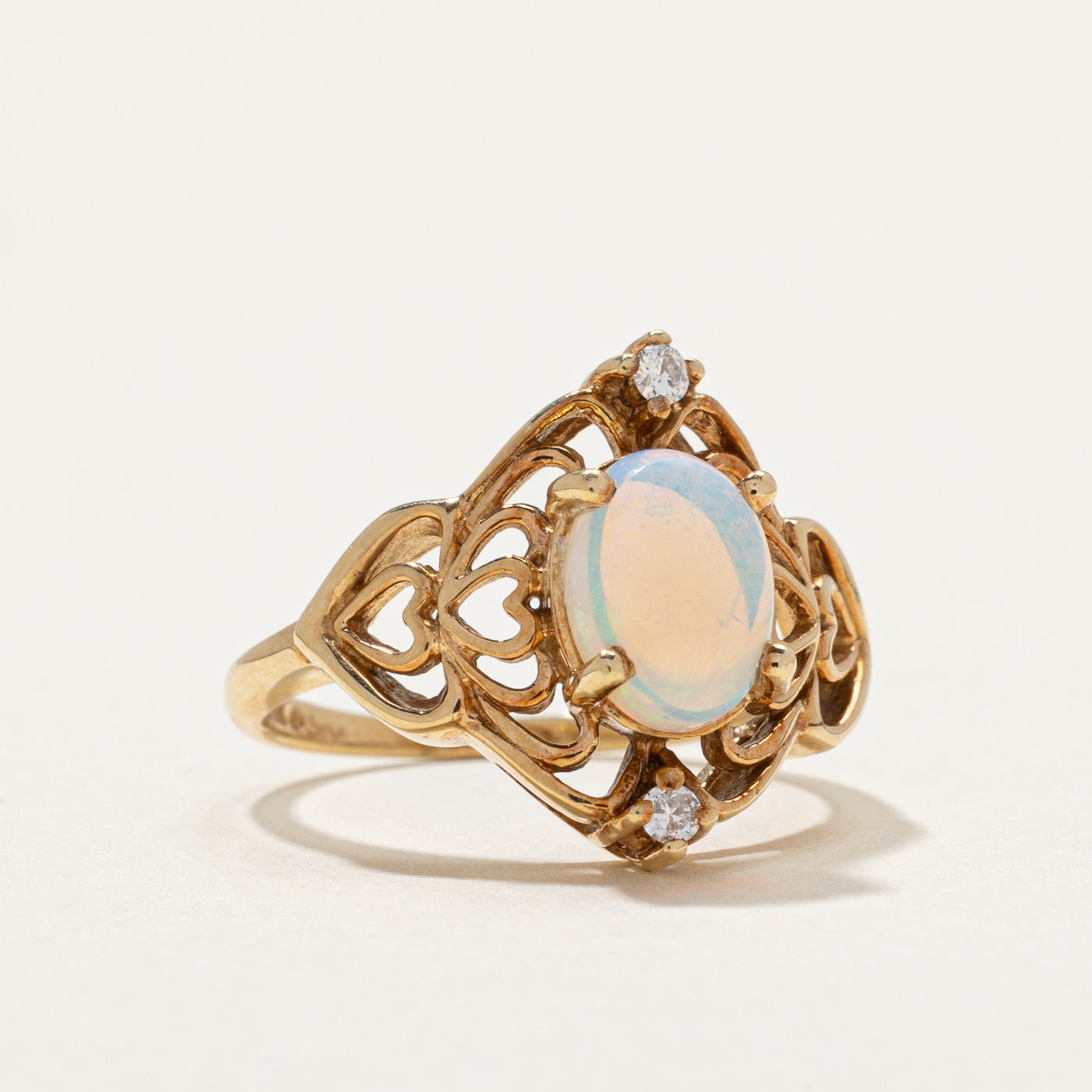 Elegant Oval Opal Heart Cocktail Ring - 1.00ct Opal with 0.04ctw Diamond Accents - Size 5.25 - Perfect for Evening Parties, Date Nights & Special Occasions