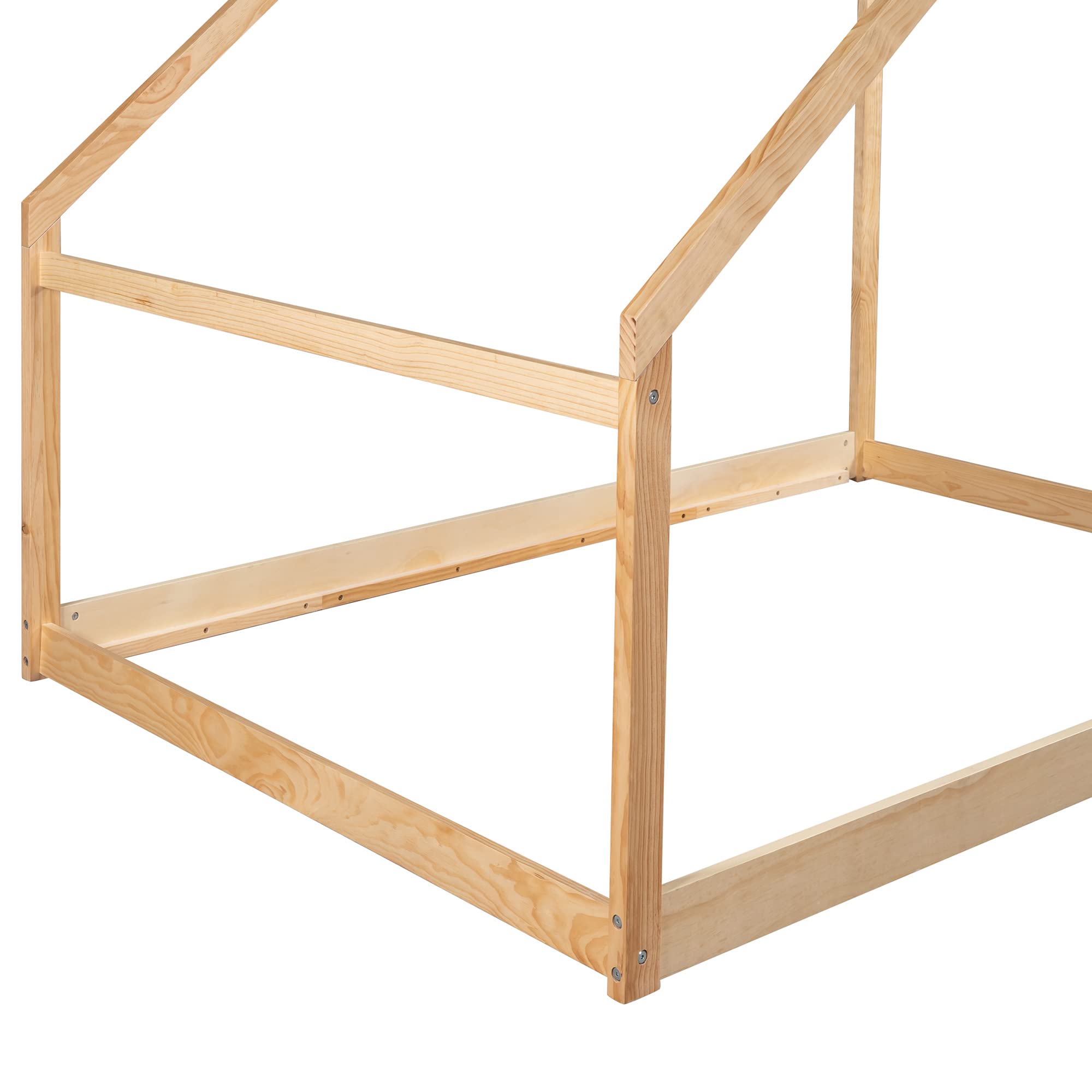 Harper&Bright Full Size Wooden House Bed Frame for Kids - Toddler, Girls & Boys Floor Bed with Box Spring Needed - Natural Finish for Nursery, Bedroom & Playroom Decor