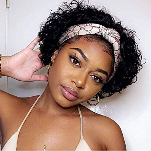 Short Headband Wigs for Black Women - 10inch Curly Human Hair No Glue Wig with Water Wave Brazilian Virgin Hair (150% Density) - No Gel No Lace Natural Black Headband Wig for Daily Wear, Parties & Special Occasions