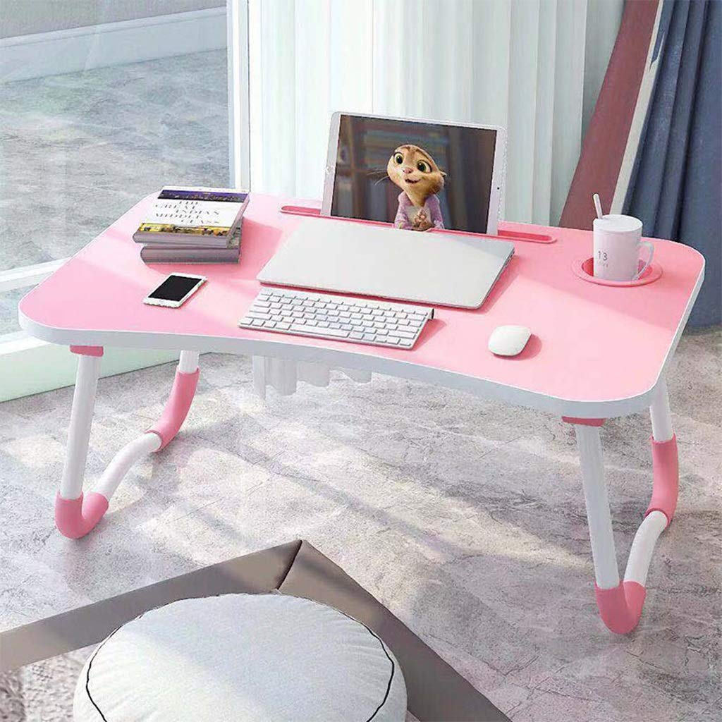 Pink Folding Laptop Desk with Cup Holder - Portable Computer Workstation for Dorm, Bed, Office & Small Spaces - Compact Notebook Table with Adjustable Height for Studying, Working & Gaming