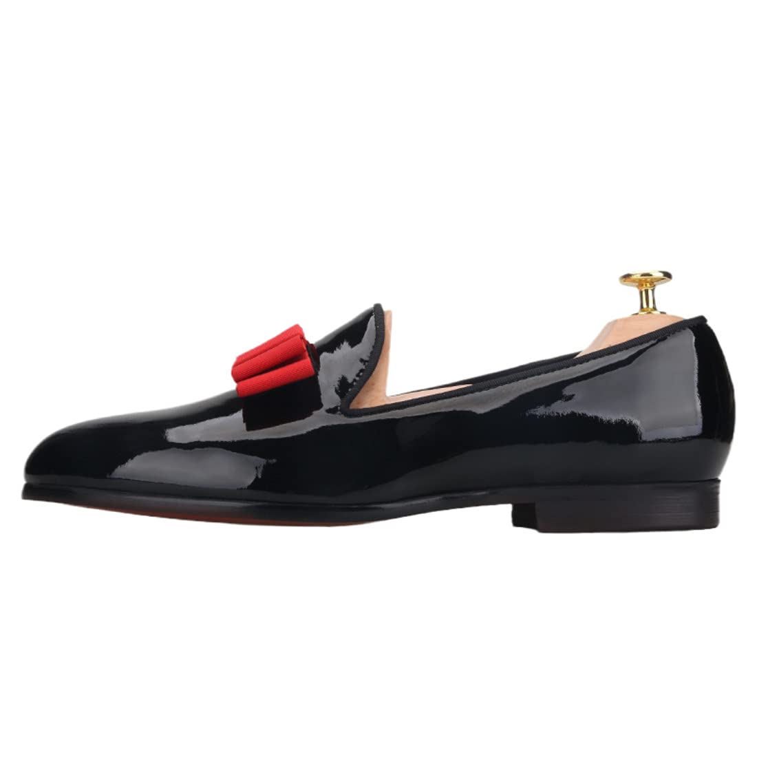 FERUCCI Men's Black Patent Leather Loafers with Red Bow - Formal Dress Shoes for Prom, Wedding & Special Occasions