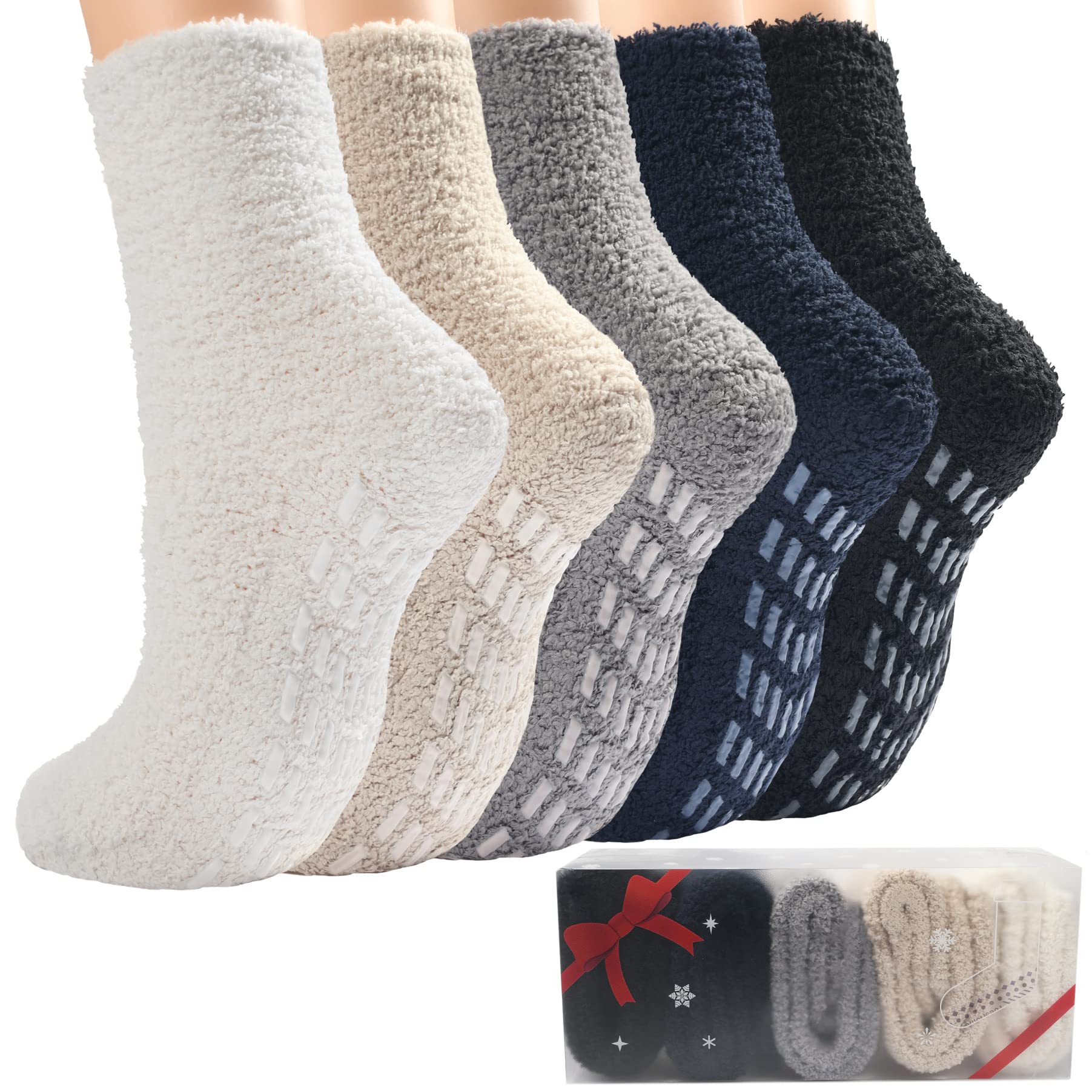 **Women's Fluffy Non-Slip Slipper Socks - 5/6 Pairs Warm Winter Fuzzy Socks with Grips for Women & Girls - Ultra Soft Cozy Home Sleeping Socks for Cold Nights & Relaxation**