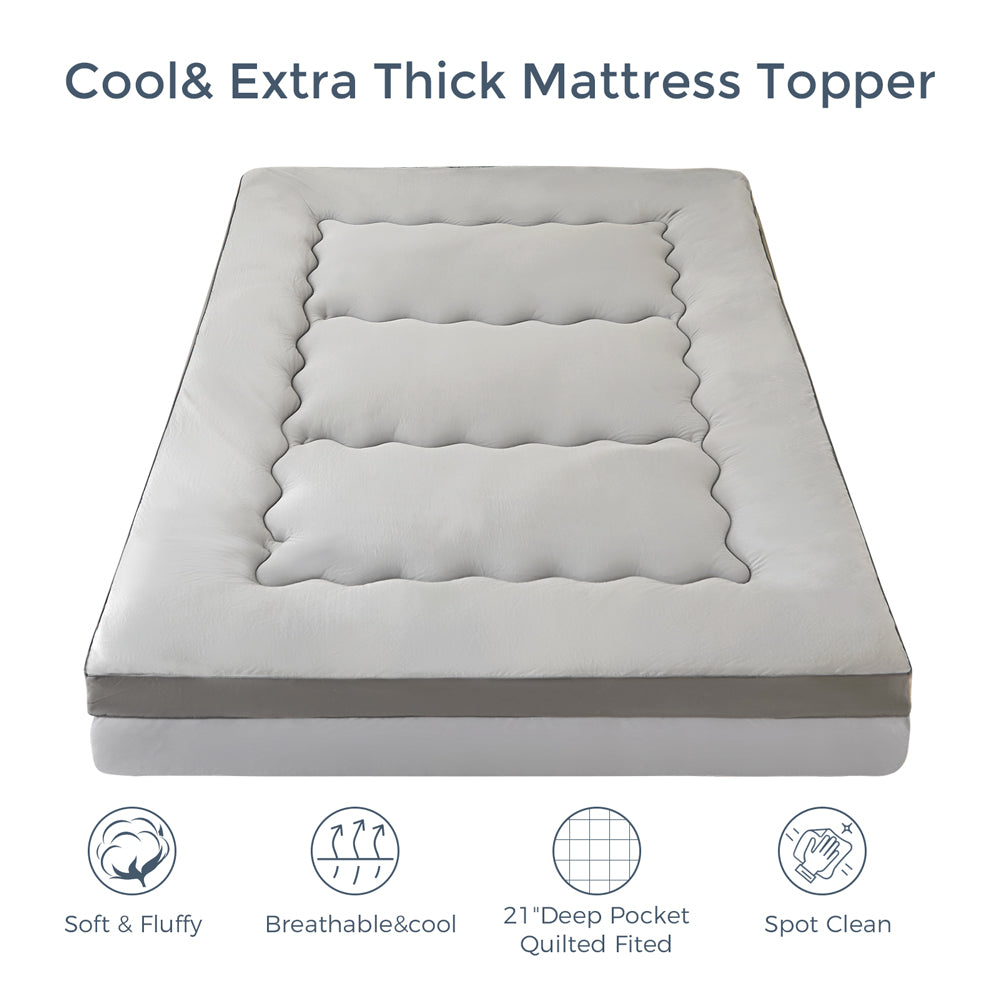 MAXYOYO Extra Thick Cooling Mattress Topper - 8-21 Inch Deep Pocket Queen Size - Breathable Grey Memory Foam Bed Topper for Hot Sleepers - Perfect for Summer Nights & Guest Rooms