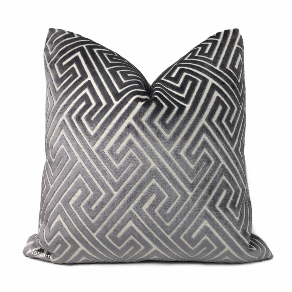 Delphi Dark Gray Greek Key Cut Velvet Pillow Cover - Elegant Decorative Throw Pillow Case for Sofa, Bed, Couch - Home Decor Accent for Living Room, Bedroom