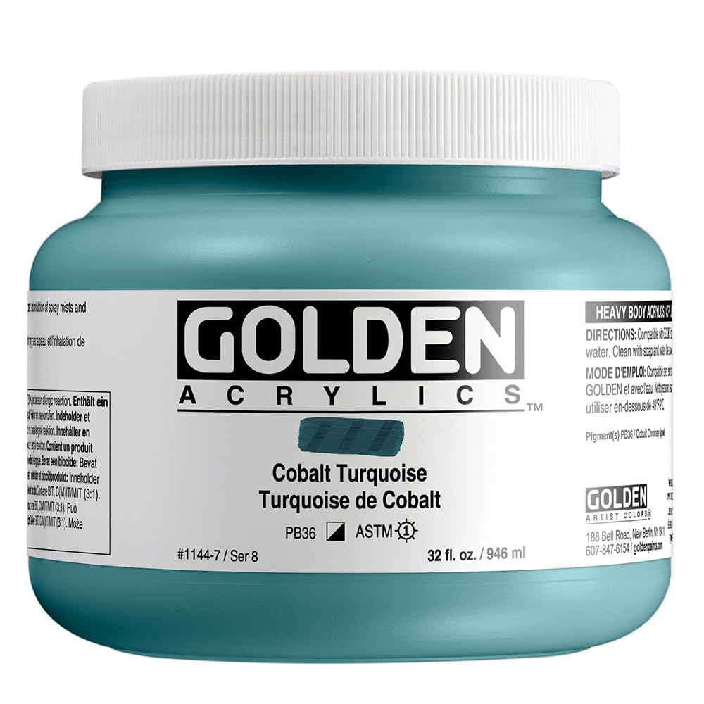 GOLDEN Heavy Body Acrylic Paint - Cobalt Turquoise (32 fl oz Jar) | Professional Grade Semi-Opaque Artist Paint for Canvas, Murals & Mixed Media Art