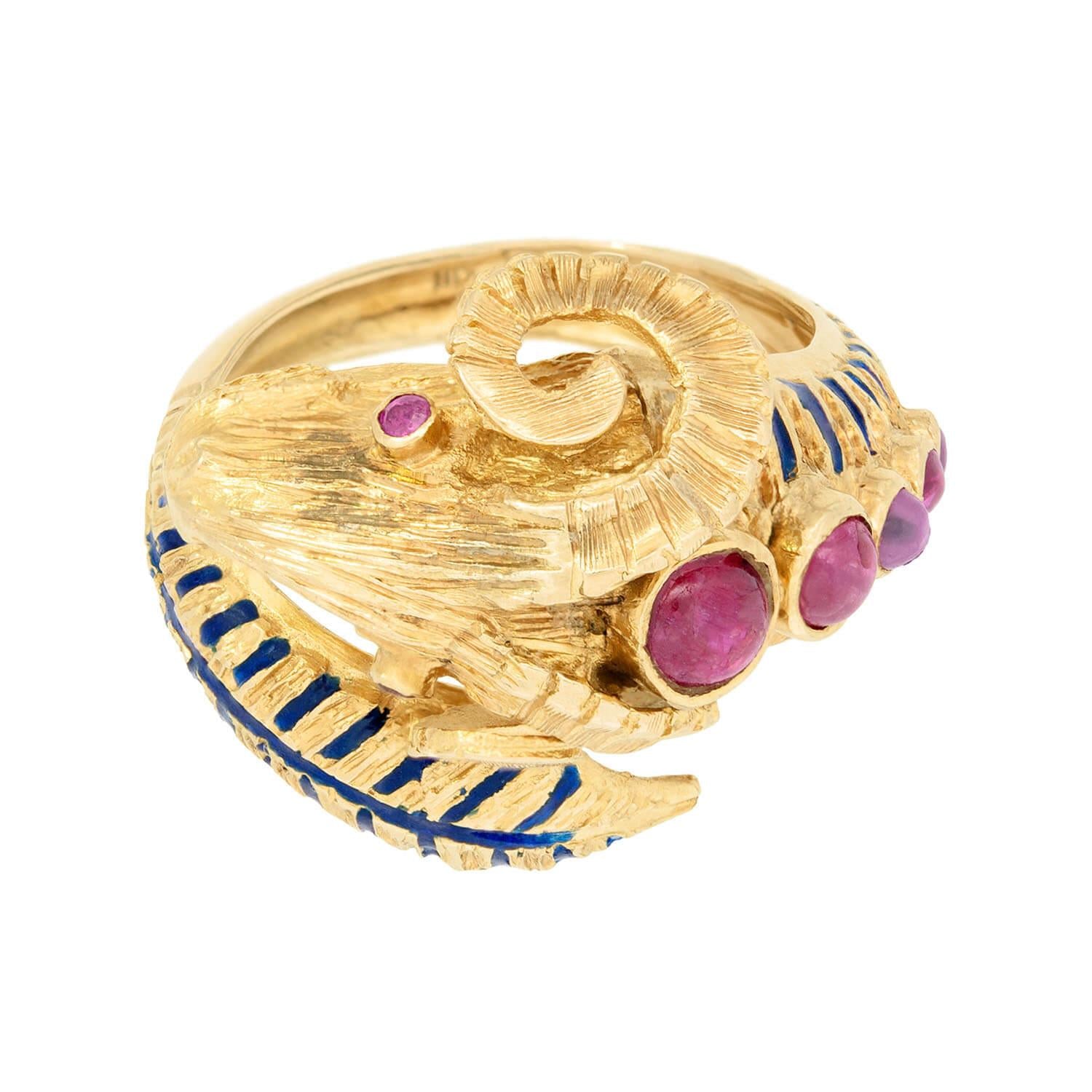 18K Gold Greek Estate Ruby & Enamel Ram's Head Ring - Vintage Jewelry for Women, Unique Statement Piece for Parties & Special Occasions