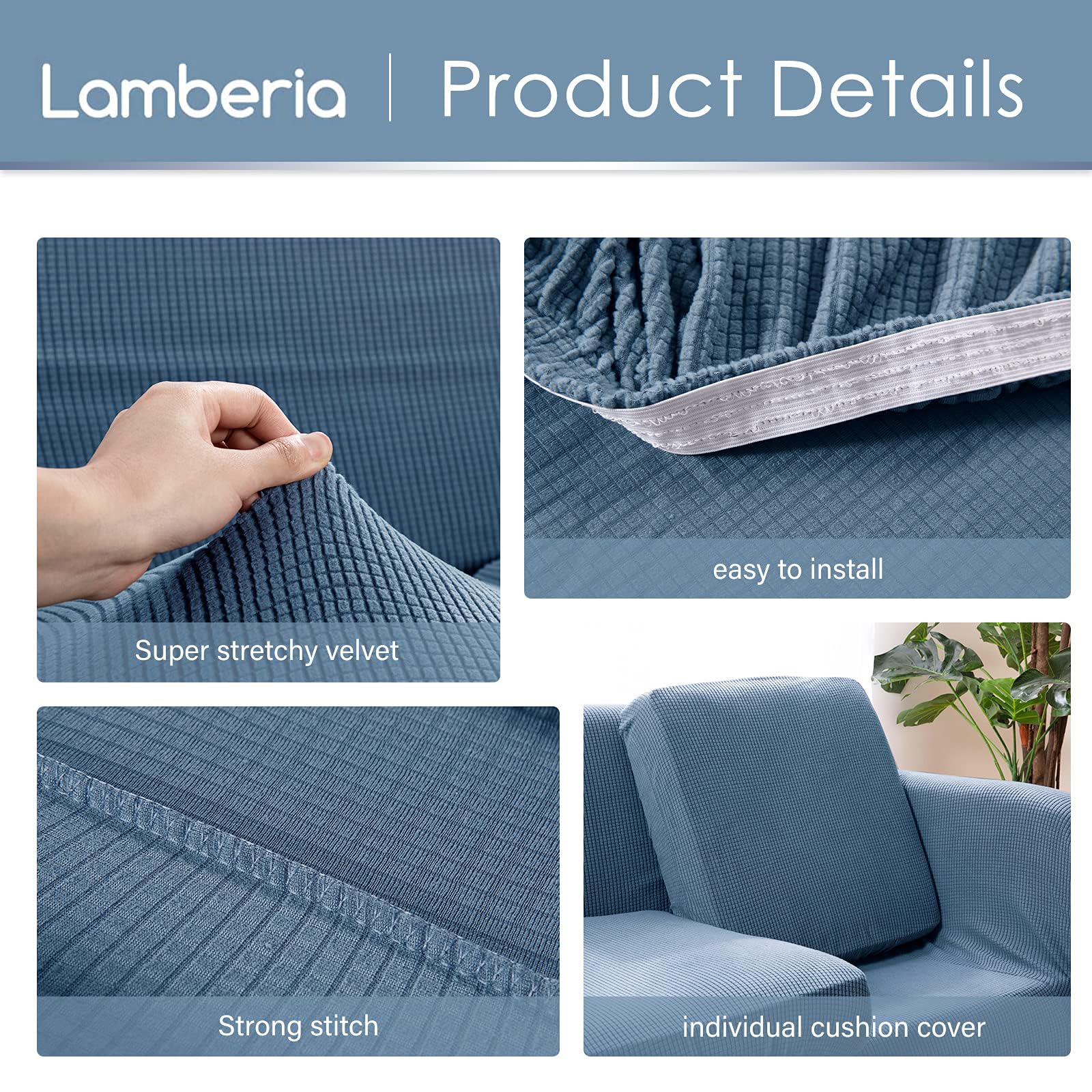 Lamberia Stretch Sofa Cover for 2 Cushion Couch - 3 Piece Washable Plush Jacquard Slipcover - Furniture Protector for Dogs, Pets & Kids - Perfect for Living Room, Apartment, and Home Decor