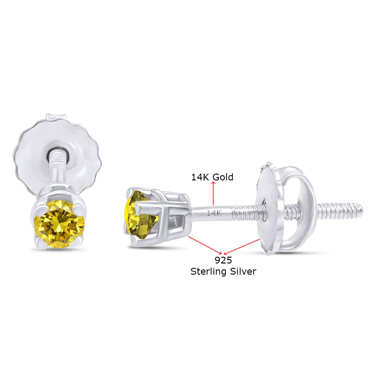 14K Gold Round Cut Natural Yellow Diamond Stud Earrings (1/4-1/3 Cttw) - Sterling Silver Screw Back Earrings for Women | Elegant Everyday Wear & Special Occasion Jewelry Gift