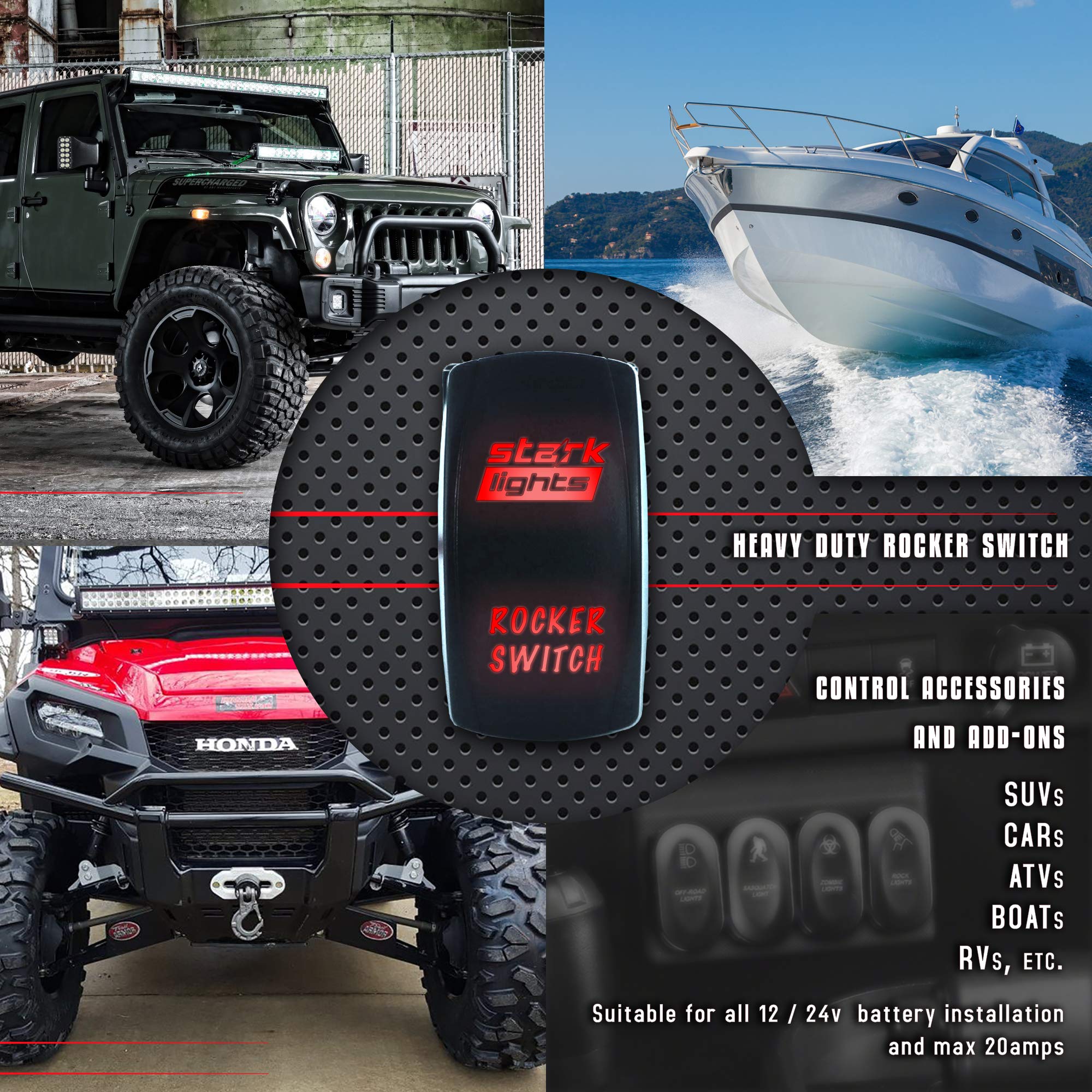 STARK 12V 20A LED Light Bar with Laser Etched Rocker Switch - White Dual Light for Off-Road Trucks, ATVs & Marine Boats - Waterproof ON/OFF 5-Pin Control