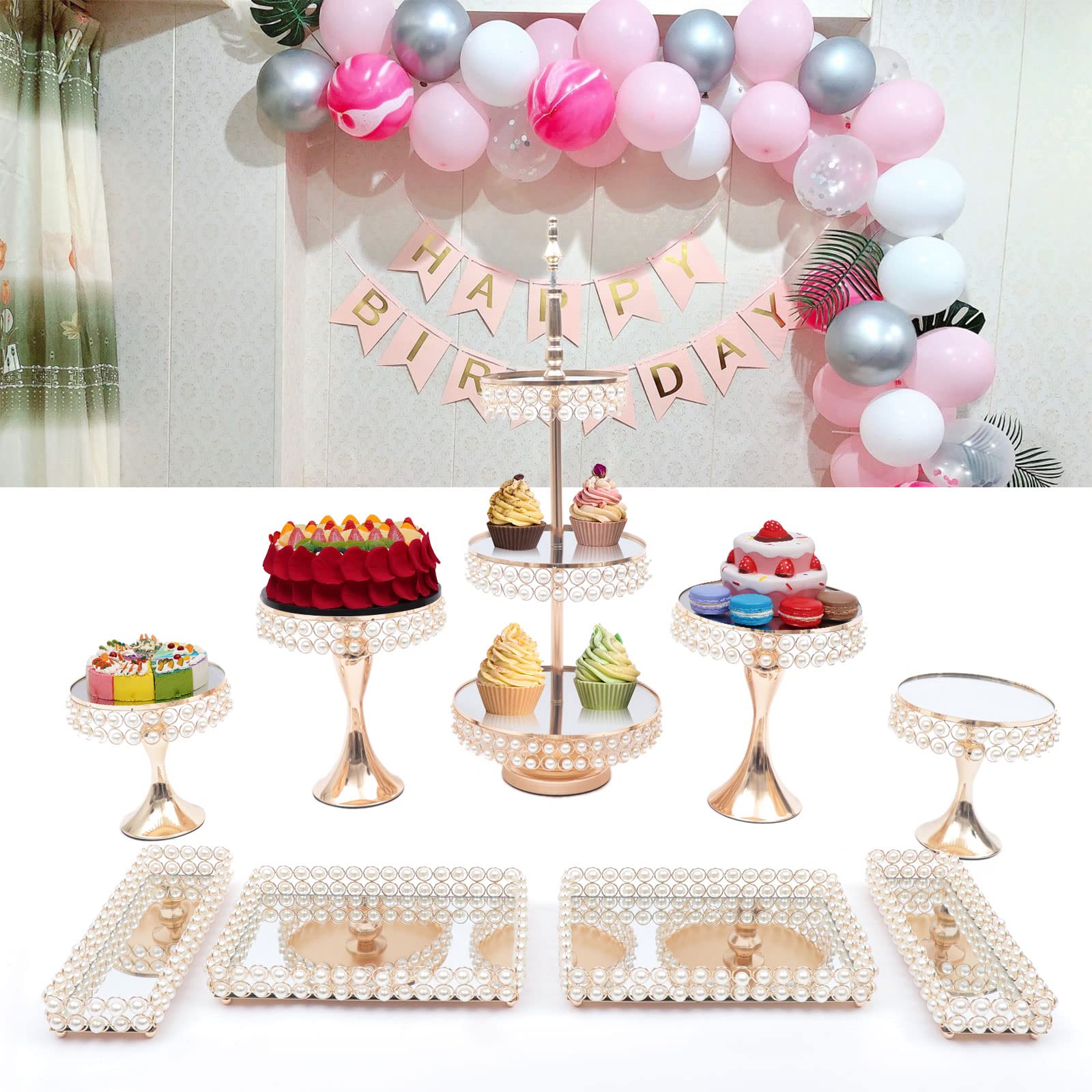 KPfaster 9-Piece Gold Cake Stand Set - Elegant Crystal Dessert Display Tower for Wedding, Birthday Party & Home Decor - Perfect for Cupcakes, Muffins, Tartlets & Pastry Presentation