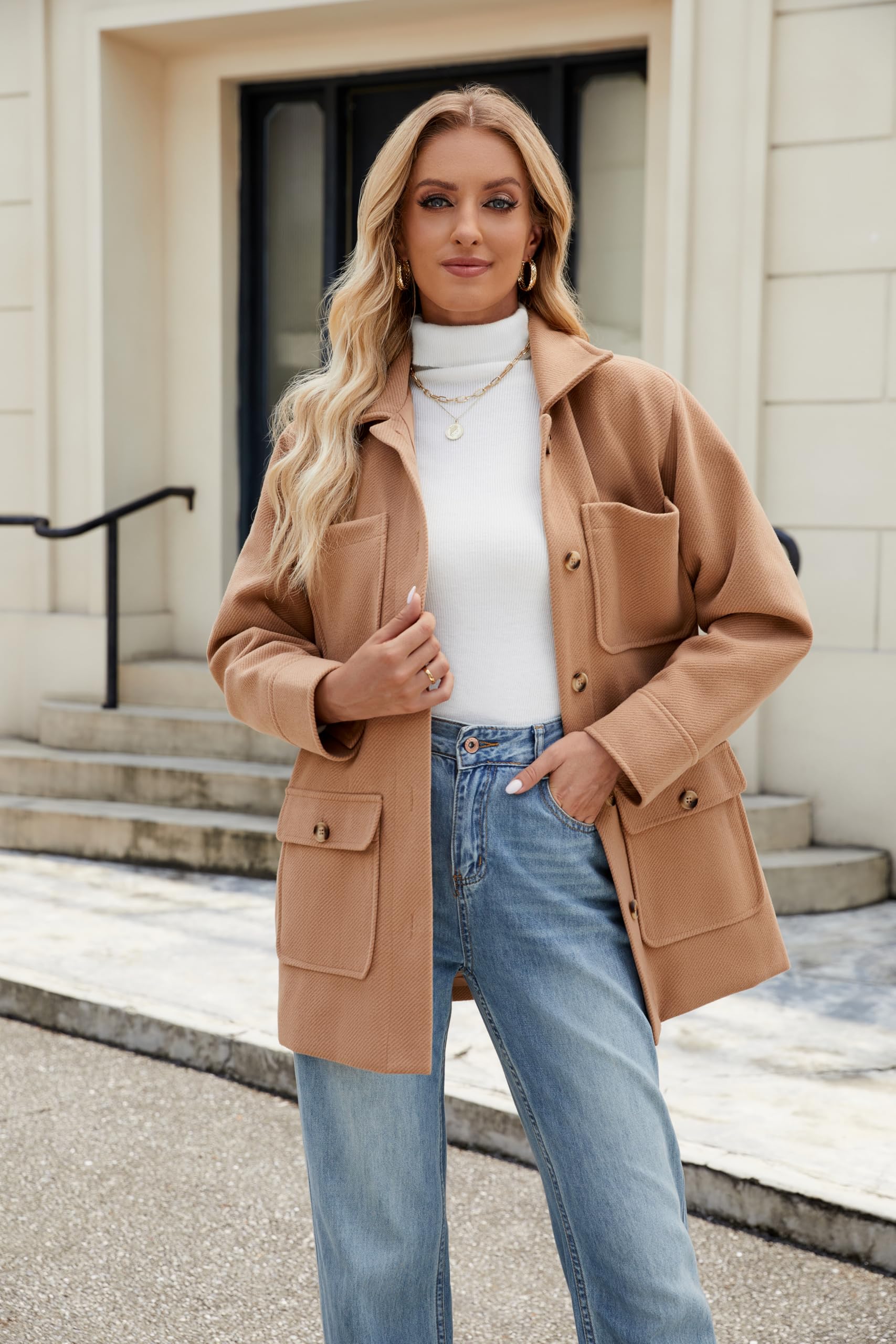 Omoone 2024 Women's Winter Wool Blend Pea Coat - Mid-Length Trench Coat with Pockets | Elegant Warm Outerwear for Office, Dating & Formal Occasions
