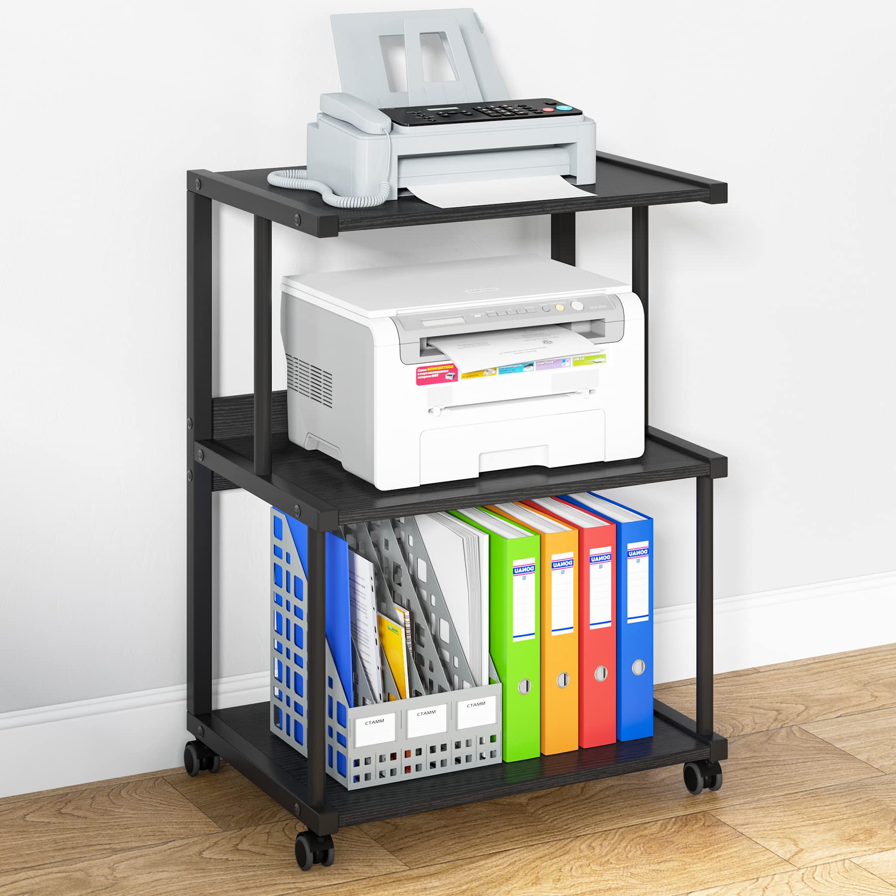 Tribesigns 3-Tier Rolling Printer Stand with Storage - Mobile Printer Cart with Wheels, Adjustable Shelves for Home & Office - Perfect for Printers, Scanners, and Office Supplies (Black)