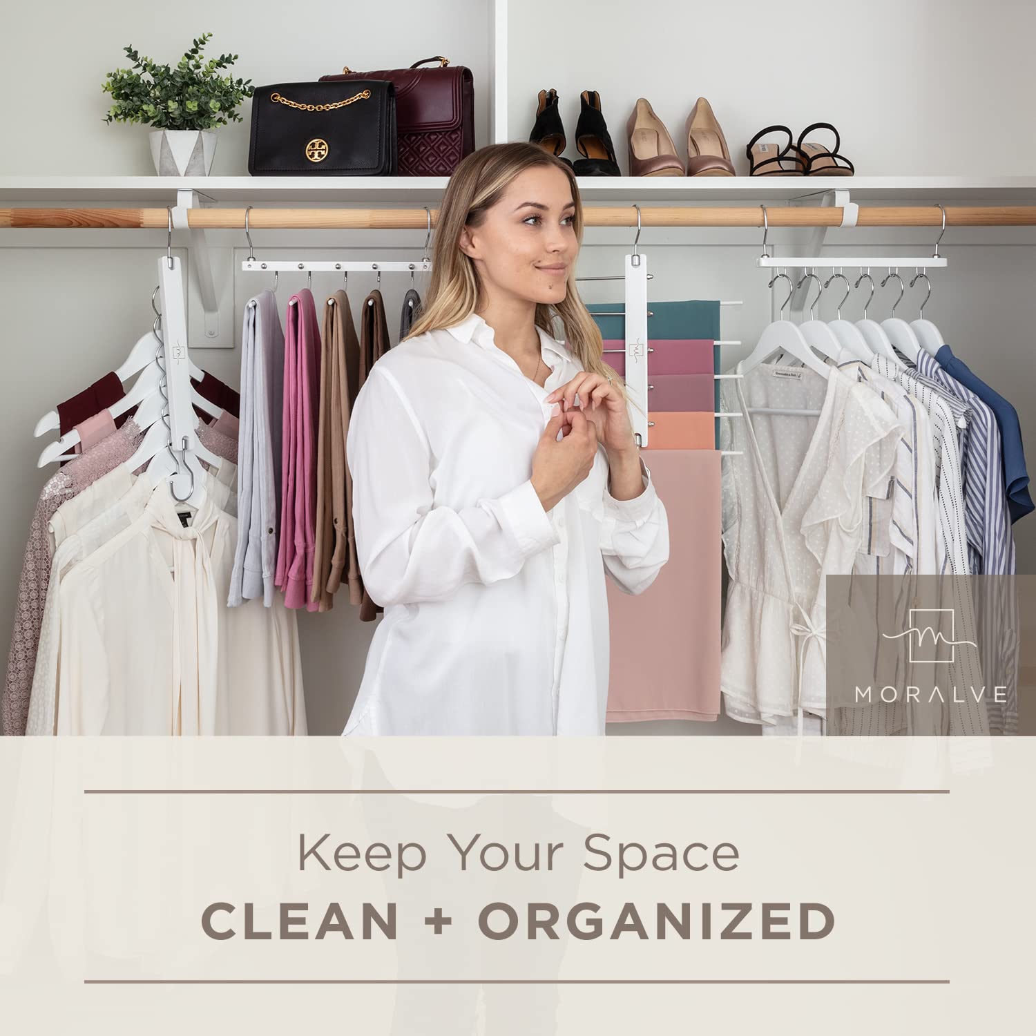 MORALVE Space Saving Closet Hangers Bundle (White) - 10 Pack for Organizing Clothes, Coats & Pants - Perfect for Small Closets, Dorm Rooms & Travel