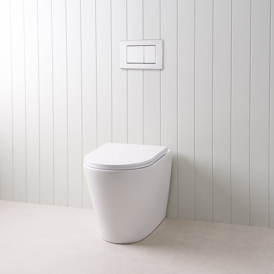 Angled In-Wall Toilet with Rectangle Chrome Buttons - Modern Space-Saving Bathroom Solution for Small Homes and Apartments