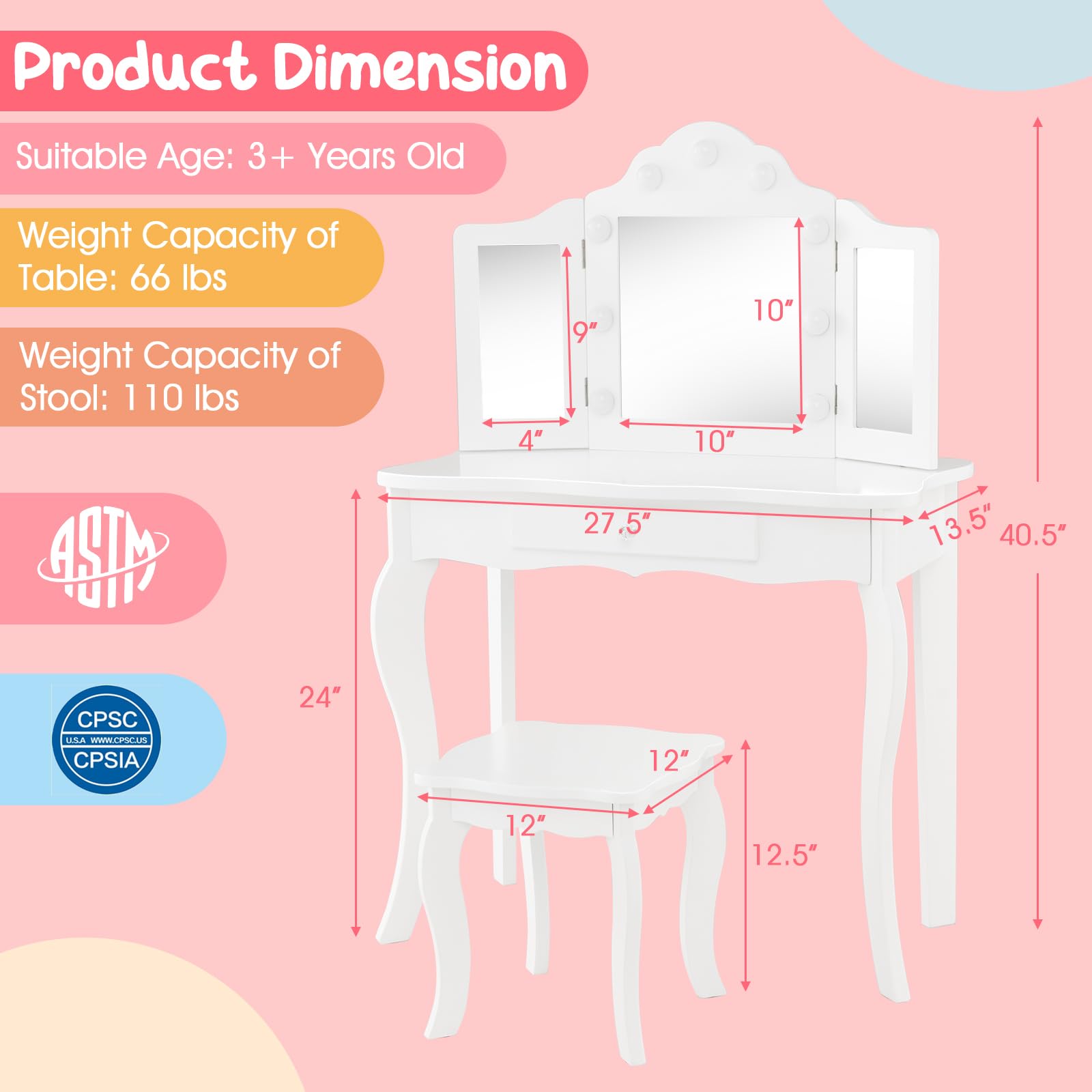 Costzon Kids Vanity Set with Mirror, Stool & LED Lights - 2-in-1 Wooden Princess Makeup Dressing Table with Drawers - White Toddler Vanity Desk for Girls Pretend Play (Perfect for Bedroom Playroom & Birthday Gifts)
