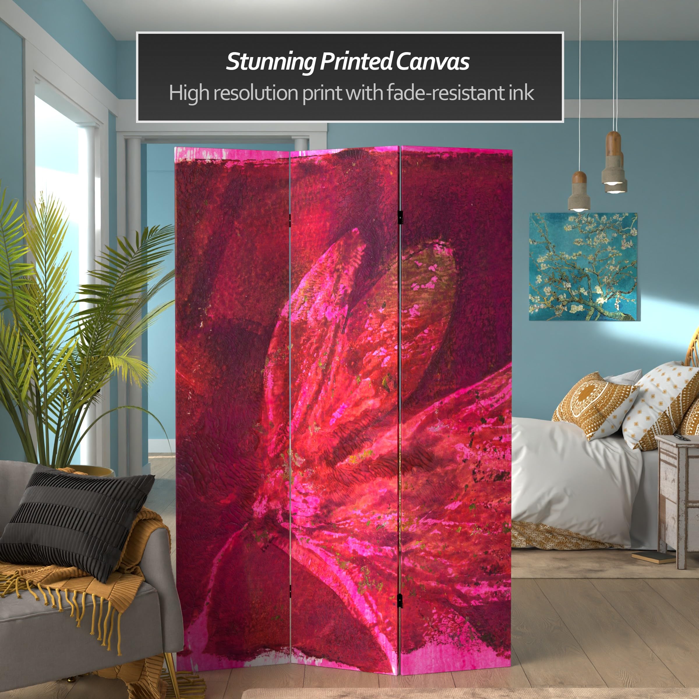 6 ft. Tall Double Sided Privacy Room Divider - Freestanding Partition Screen for Home Office, Bedroom, and Studio - Decorative Canvas Room Separator with Sturdy Metal Frame