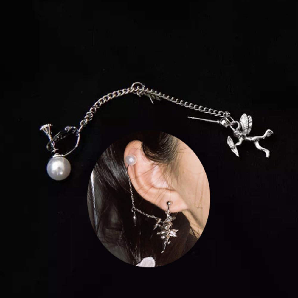 Angel Cupid Pearl Clip-On Earrings for Women - Dangle Chain Star Adjustable Cartilage Earrings - Aesthetic Anime Jewelry Gift for Her | Perfect for Parties, Cosplay & Everyday Wear
