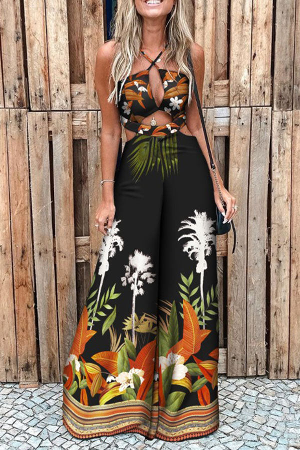 Tropical Palm Leaf Print Cutout Elastic Waist Flare Jumpsuit for Women - Summer Beach Vacation Outfit, Boho Chic Party Wear