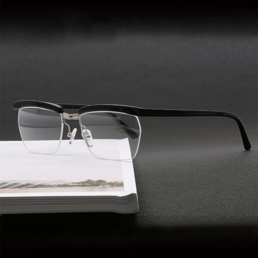 Stylish Black Acetate Semi-Rimmed Square Eyeglasses for Men - Trendy Brow Line Design TH001 | Perfect for Work, Reading & Fashion Accessories