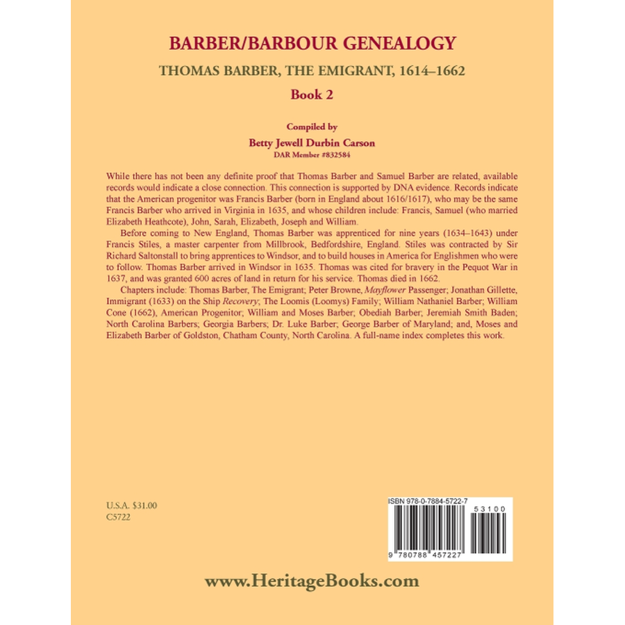 Barber/Barbour Genealogy Book: Thomas Barber the Immigrant 1614-1662 - Family History & Ancestry Research for Genealogists