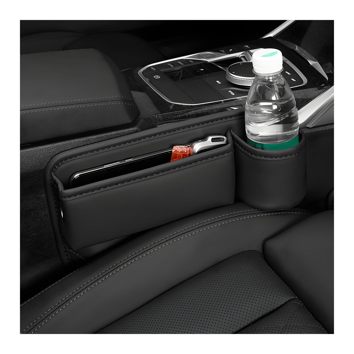 **Premium Car Seat Gap Filler – Adjustable Leather Front Seat Organizer with Cup Holder | Vehicle Storage Box Between Seat & Console | Car Accessories for Passenger Seat (Black) | Perfect for Phones, Keys & Small Items**