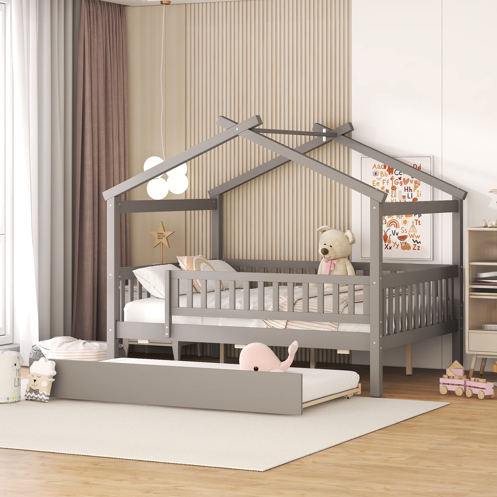 Harper & Bright Designs Full Size Wooden House Bed with Trundle - Kids Bed Frame with Roof & Fence Design for Boys & Girls (Gray) - Perfect for Bedrooms, Playrooms & Montessori Spaces
