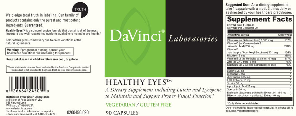 Davinci Labs Healthy Eyes Supplement - Vision Support with Lutein & Zeaxanthin - Eye Health Vitamins for Adults - Perfect for Computer Users & Gamers